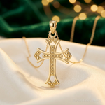 14K Polished Beaded Cross Pendant - Lifestyle View