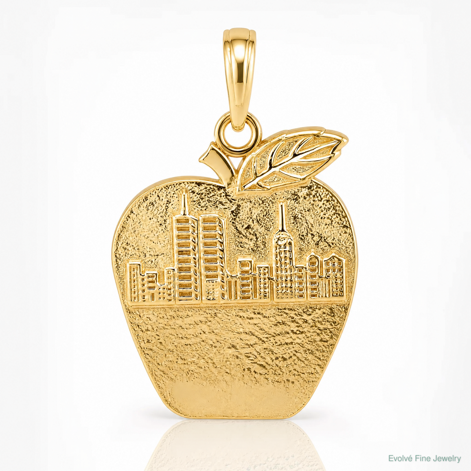 14k Solid NEW YORK Skyline on Small Apple Pendant - Lifestyle View