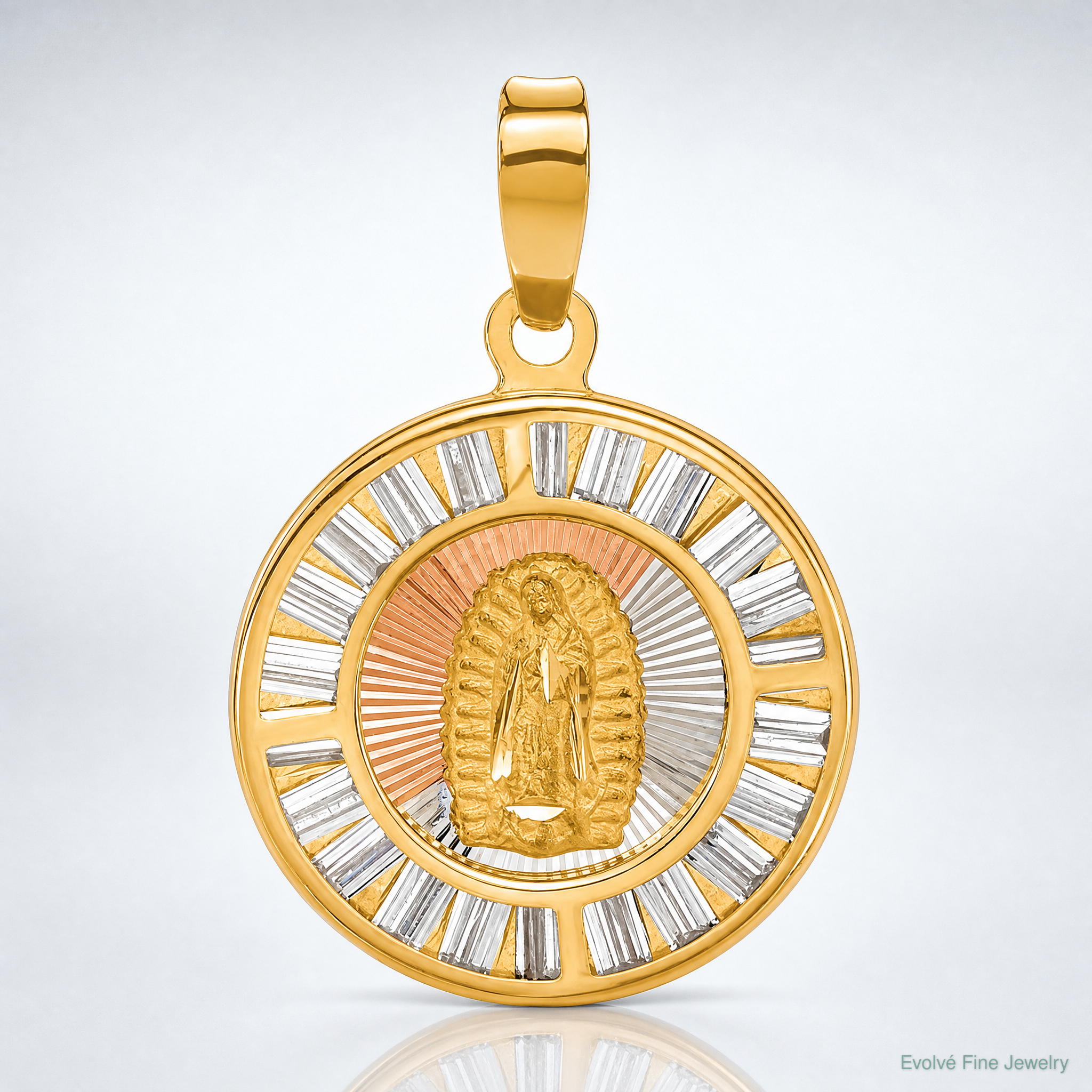 14K Rose and White-plated Polished CZ Baguettes Mary Round Pendant - Lifestyle View