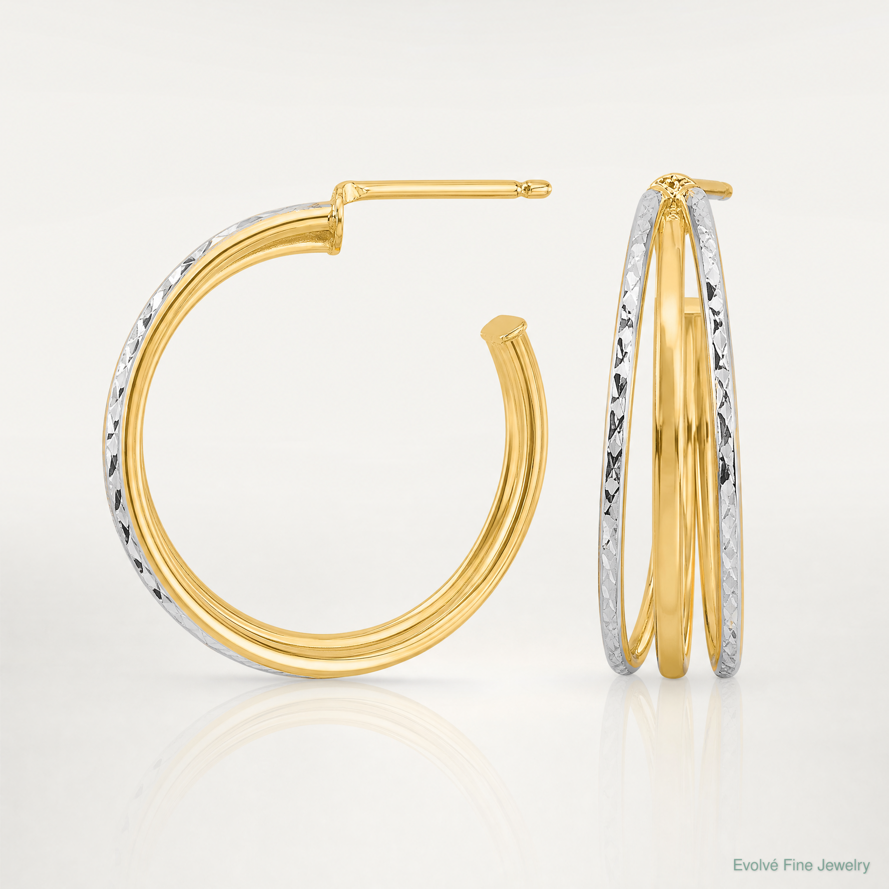 Leslie's 14K w/White Rhodium and D/C 3-Row Round J-Hoop Post Earrings - Lifestyle View
