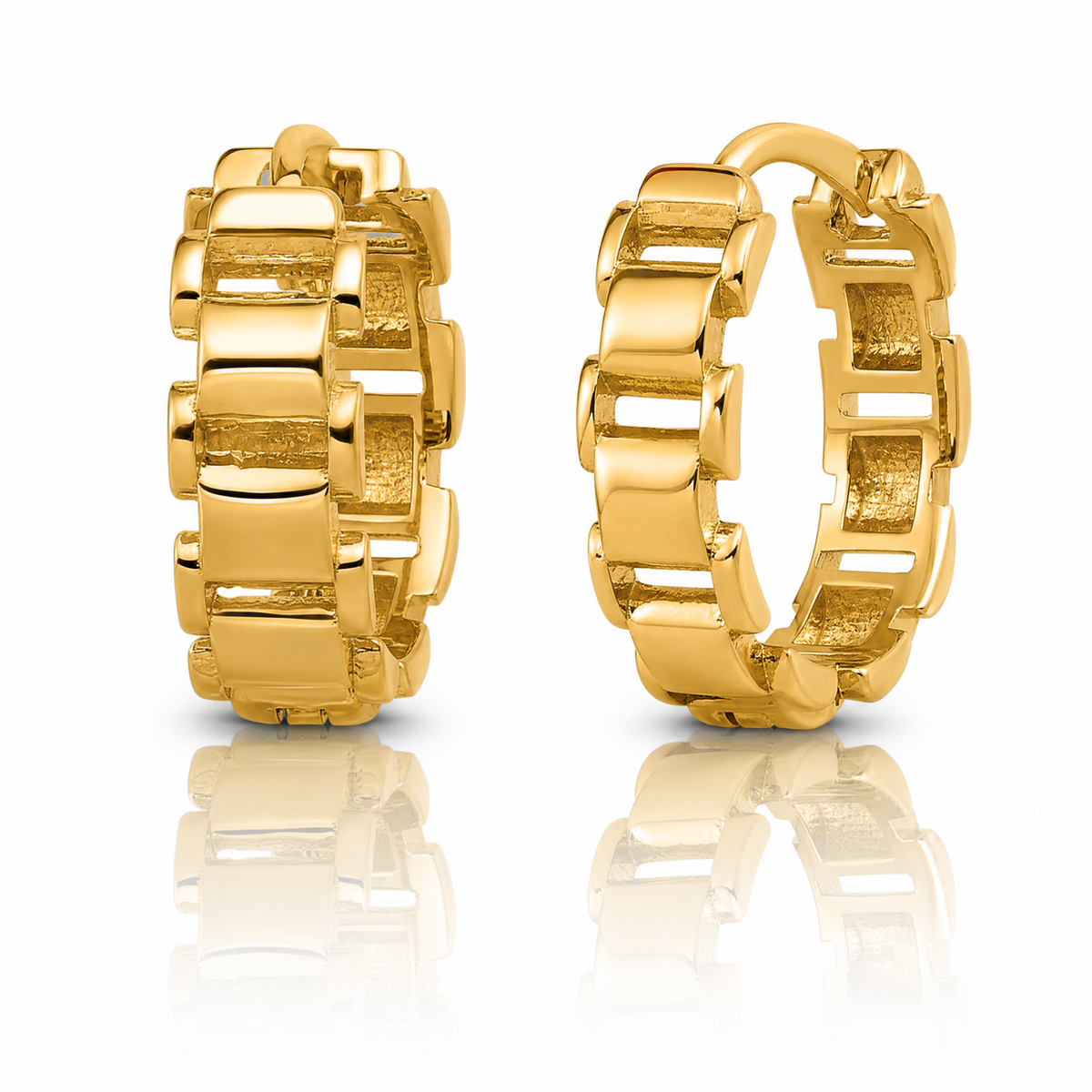 Leslie's 14K Polished Link Pattern Hinged Huggie Hoop Earrings - Lifestyle View