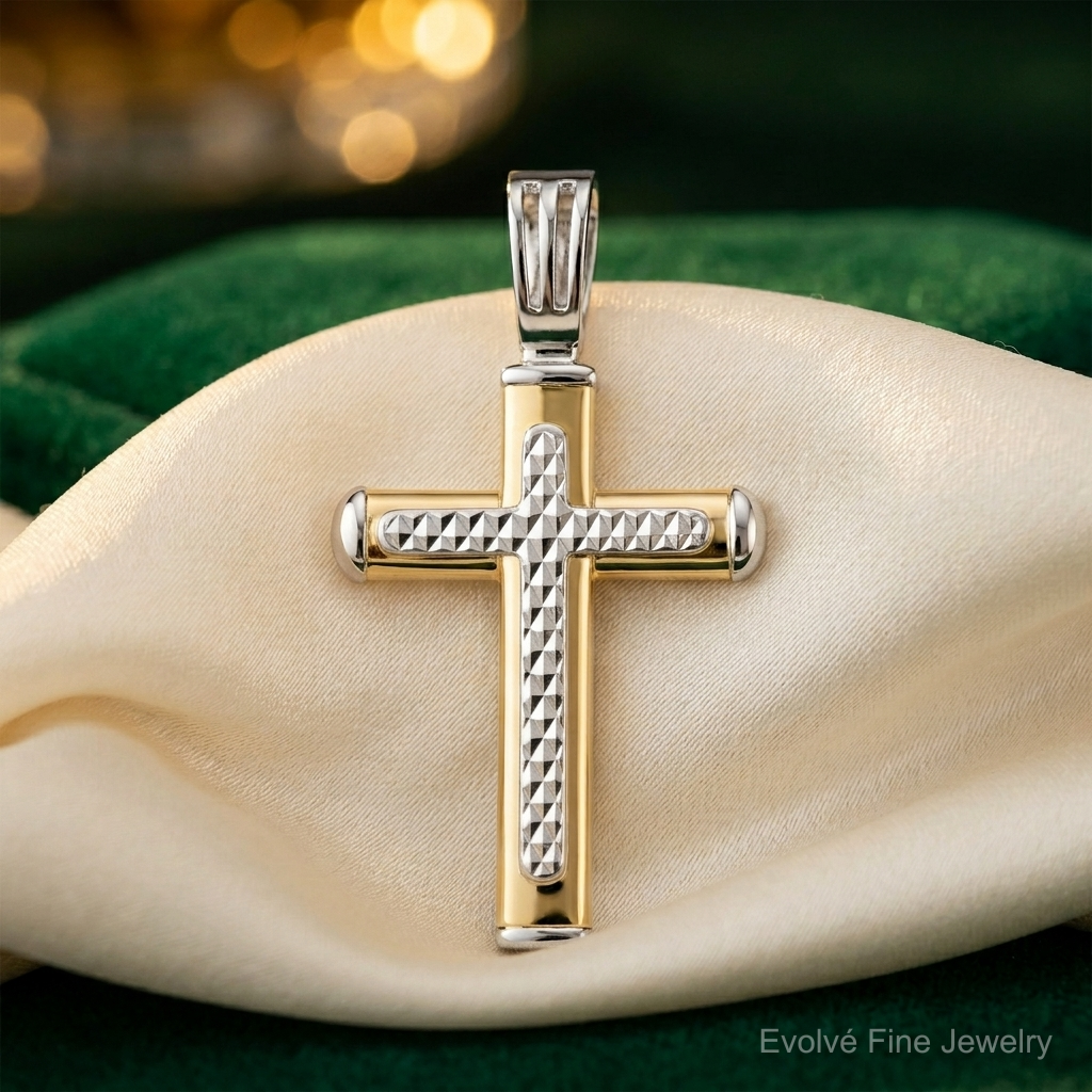 Leslie's 14K Two-tone Polished and Diamond-cut Cross Pendant - Lifestyle View