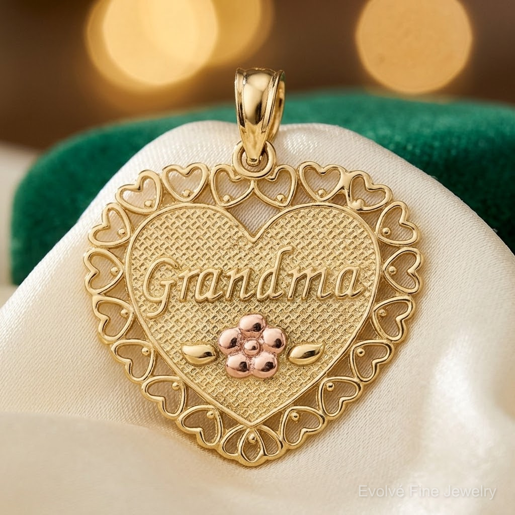 14k Two-Tone GRANDMA Heart w/Flower Charm - Lifestyle View