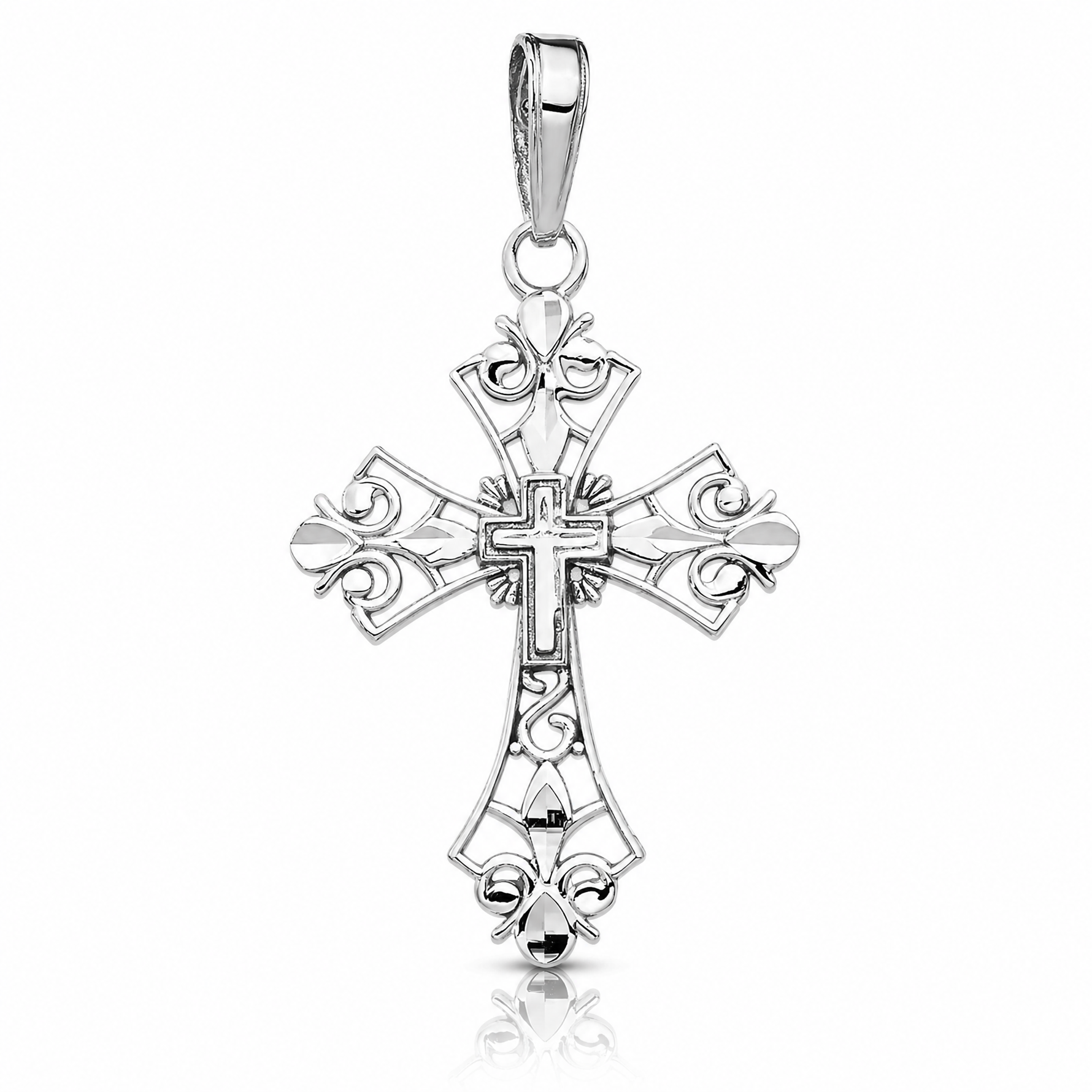 14k White Gold Filigree Cross Charm - Lifestyle View