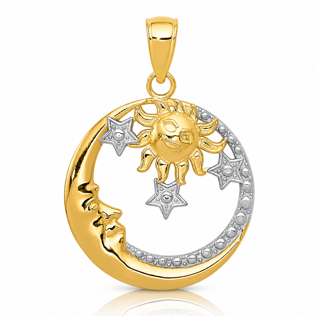 14k and Rhodium D/C Moon, Stars, and Sun Pendant - Lifestyle View