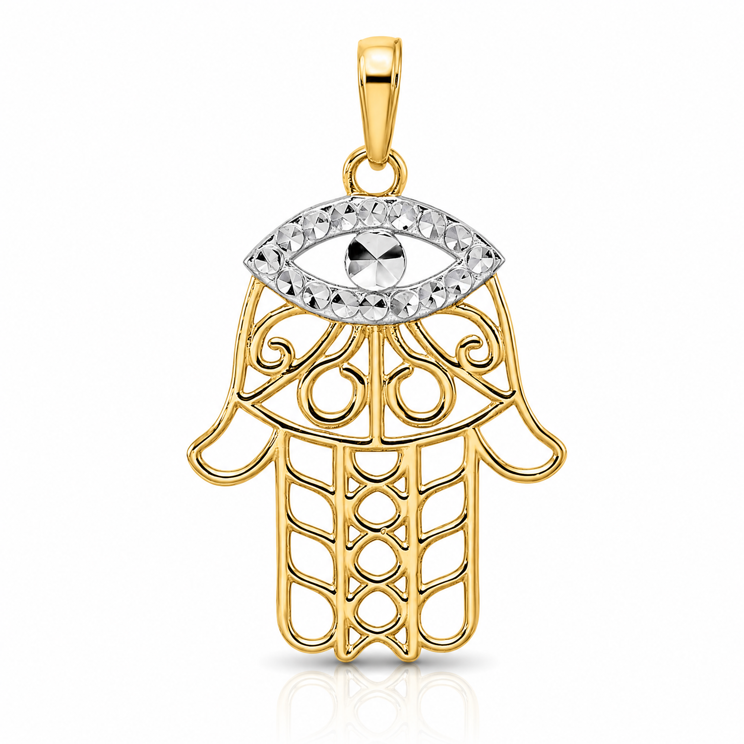 14k & White Rhodium D/C Evil Eye Hamsa Pendant - Lifestyle View
