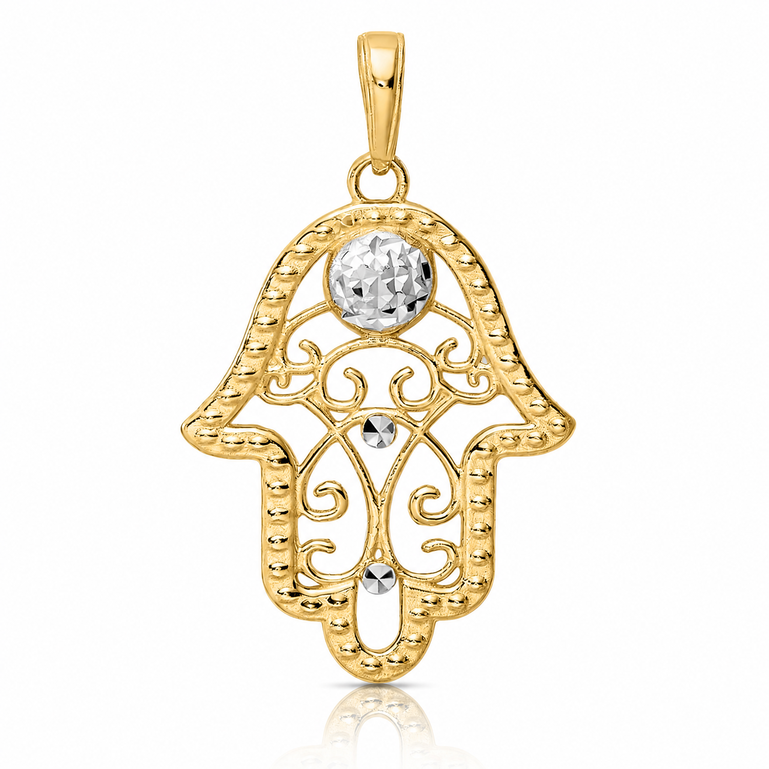 14k & White Rhodium D/C Evil Eye Filigree Hamsa Pendant - Lifestyle View