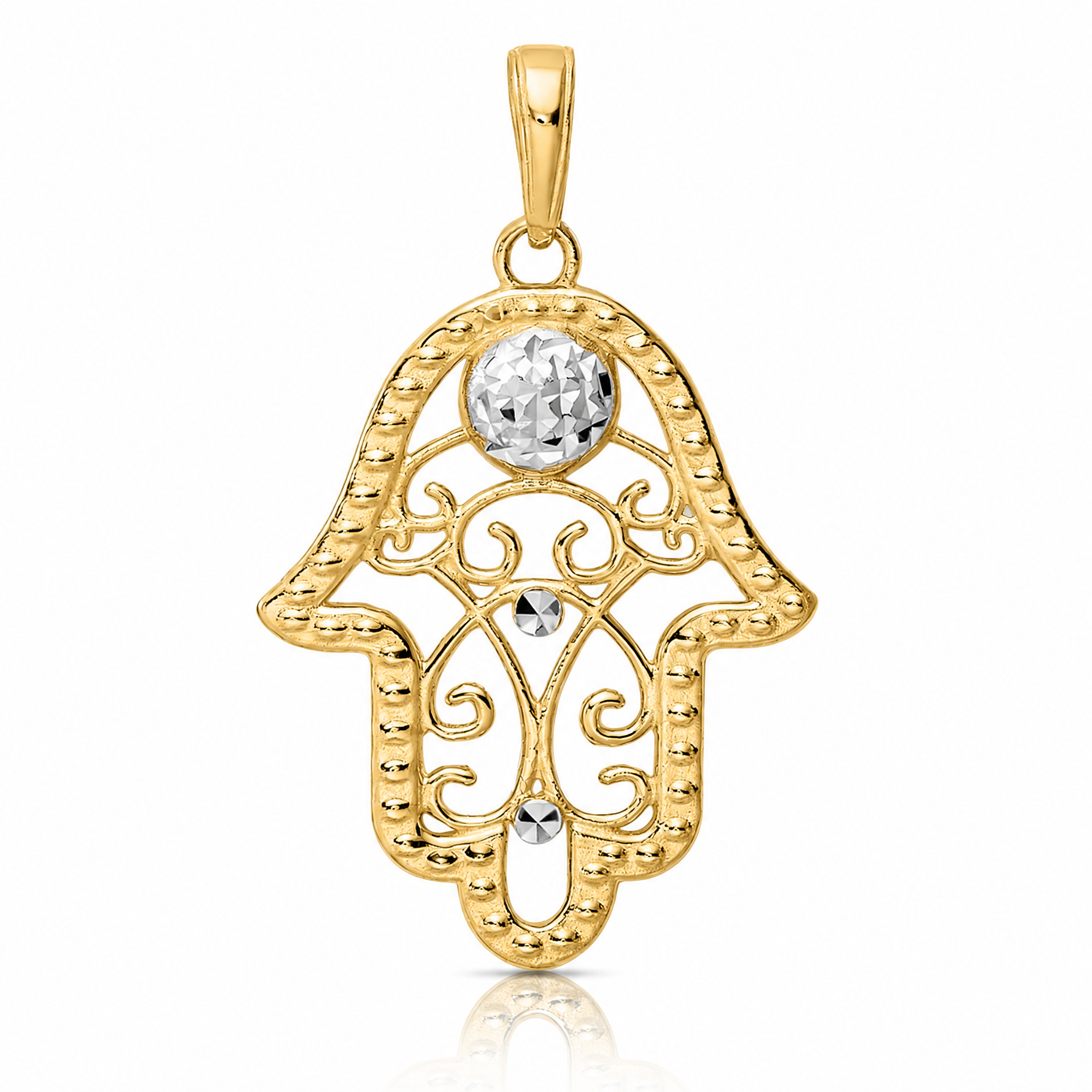 14k & White Rhodium D/C Evil Eye Filigree Hamsa Pendant - Lifestyle View