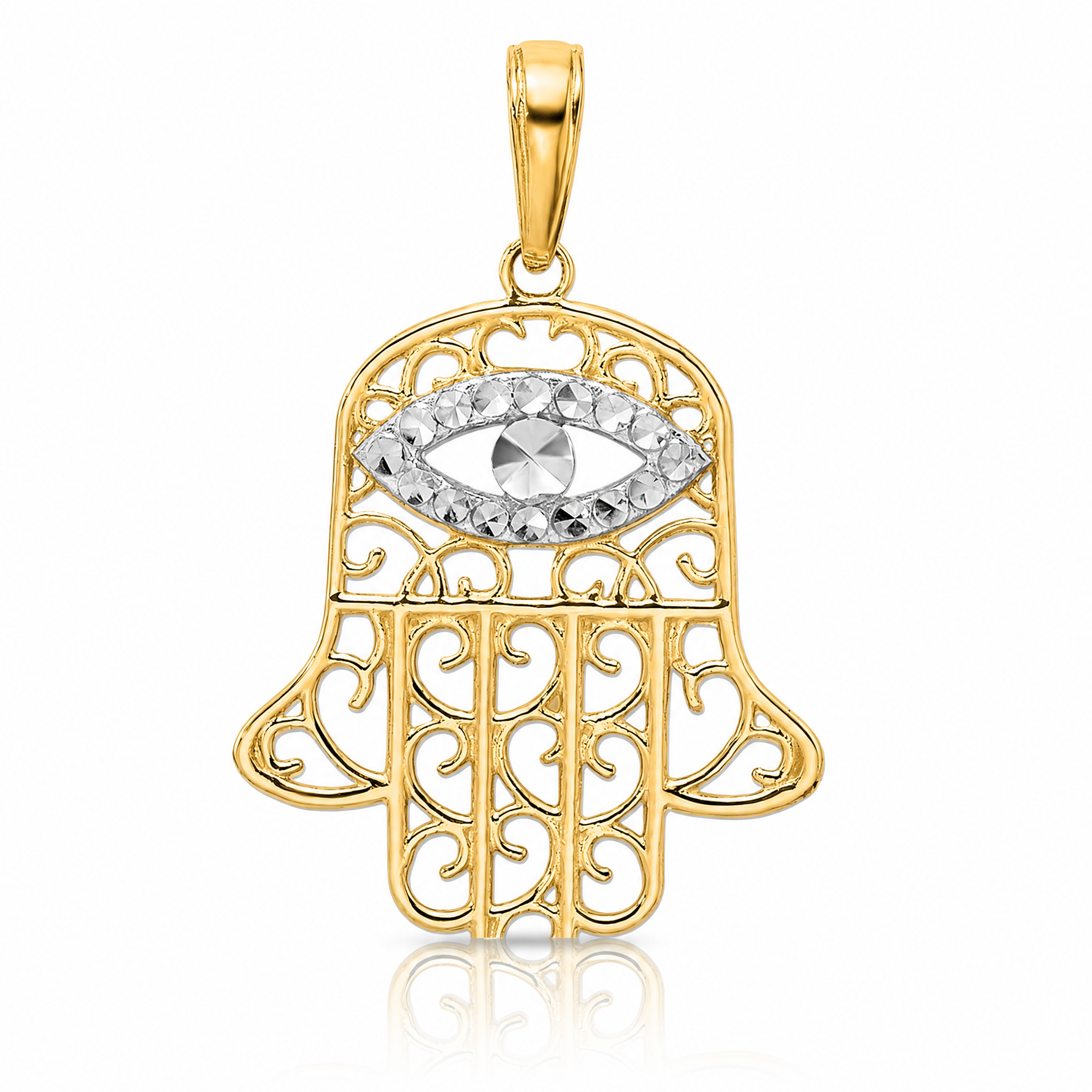 14k & White Rhodium D/C Filigree Evil Eye Hamsa Pendant - Lifestyle View