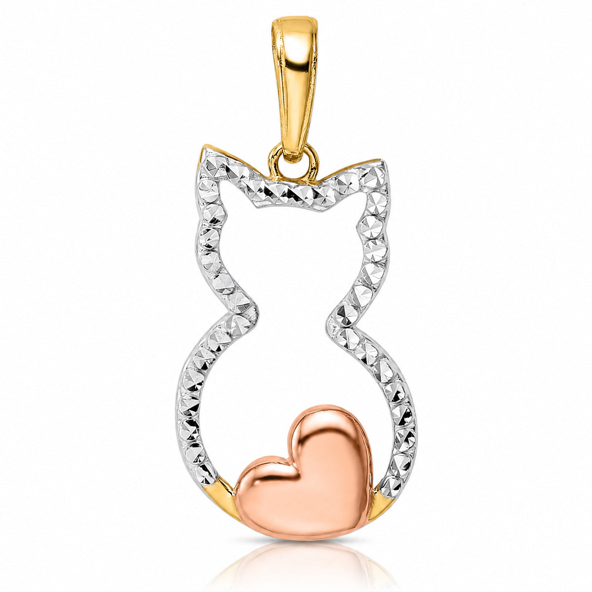 14k w/White and Rose Rhodium Diamond-cut Cat w/ Heart Pendant - Lifestyle View