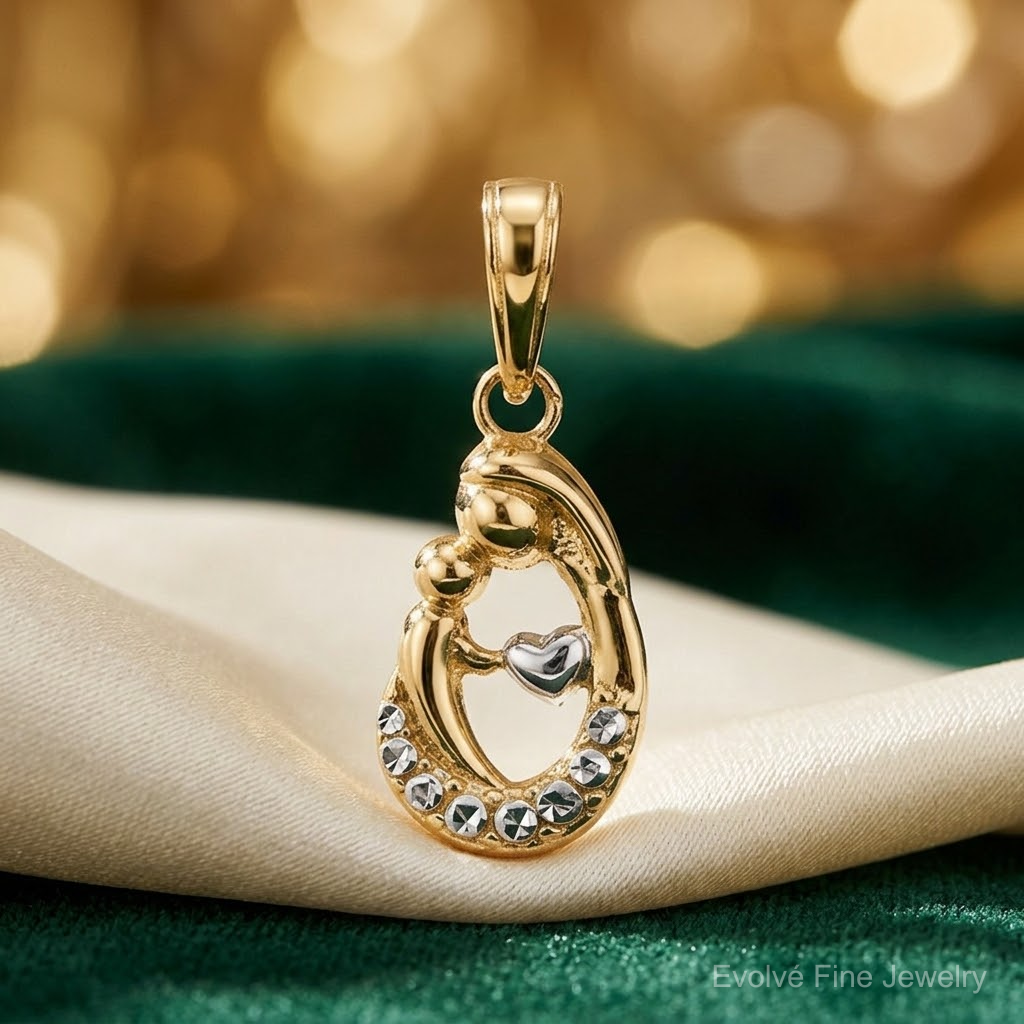 14k and White Rhodium Diamond-cut Mother and Baby Teardrop Pendant - Lifestyle View