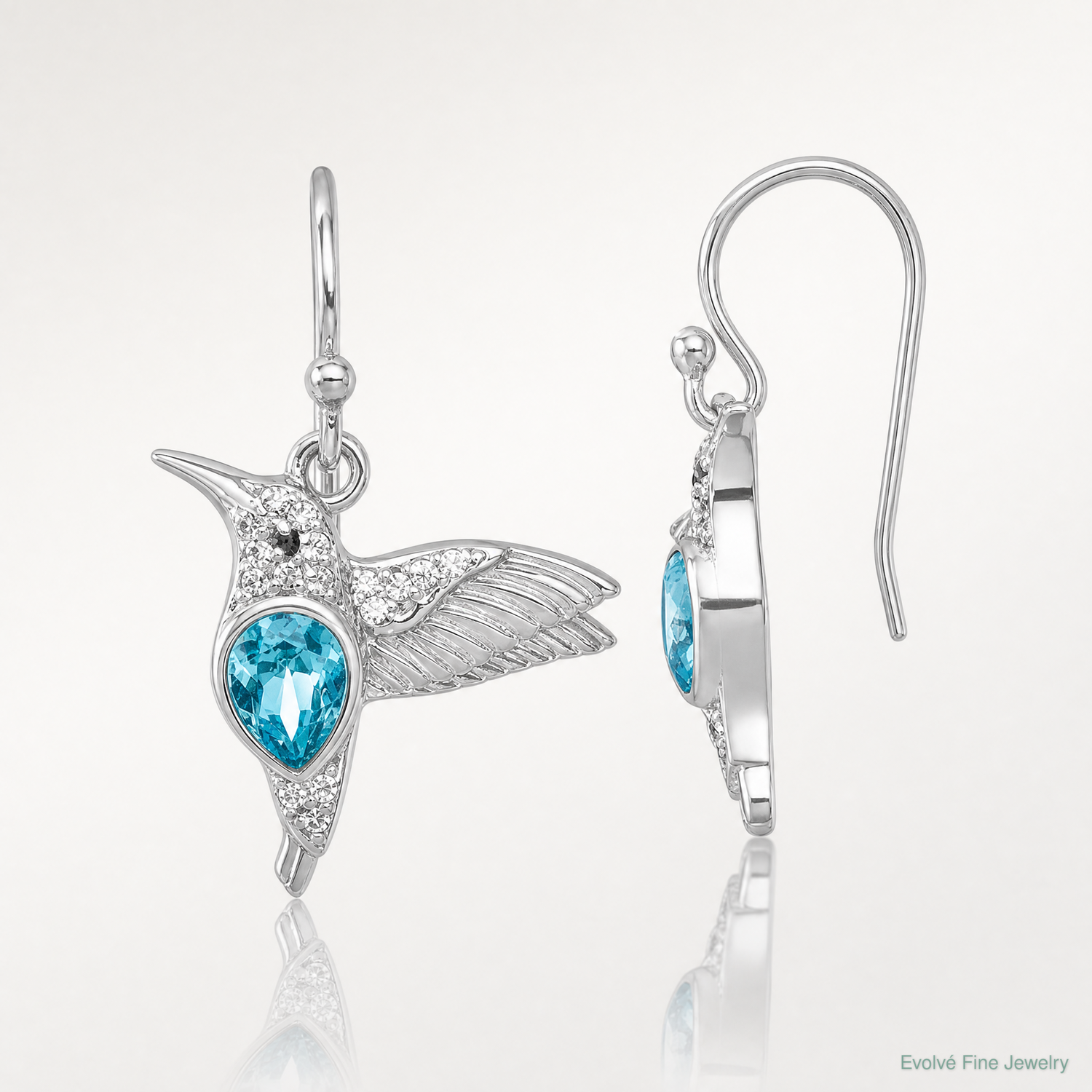Sterling Silver Rhodium-Plated Crystal Inlay Hummingbird Dangle Earrings - Lifestyle View