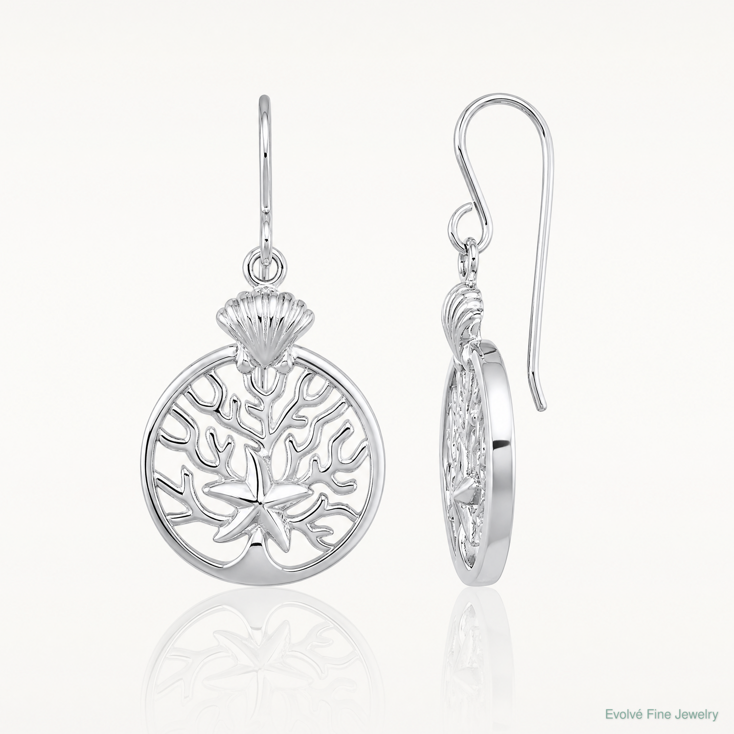 Sterling Silver Rhodium-Plated Starfish & Scallop Shell Reef Dangle Earring - Lifestyle View