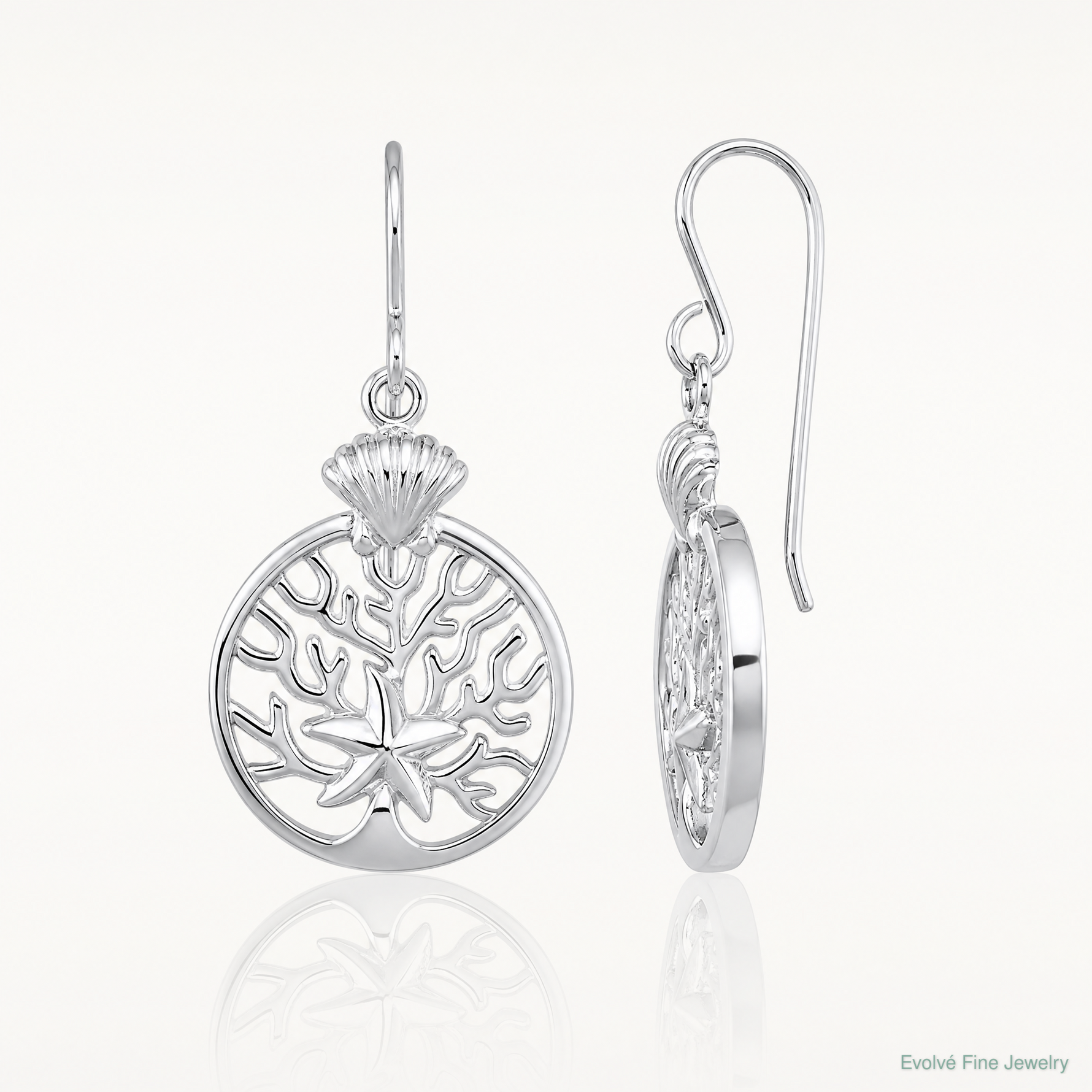 Sterling Silver Rhodium-Plated Starfish & Scallop Shell Reef Dangle Earring - Lifestyle View