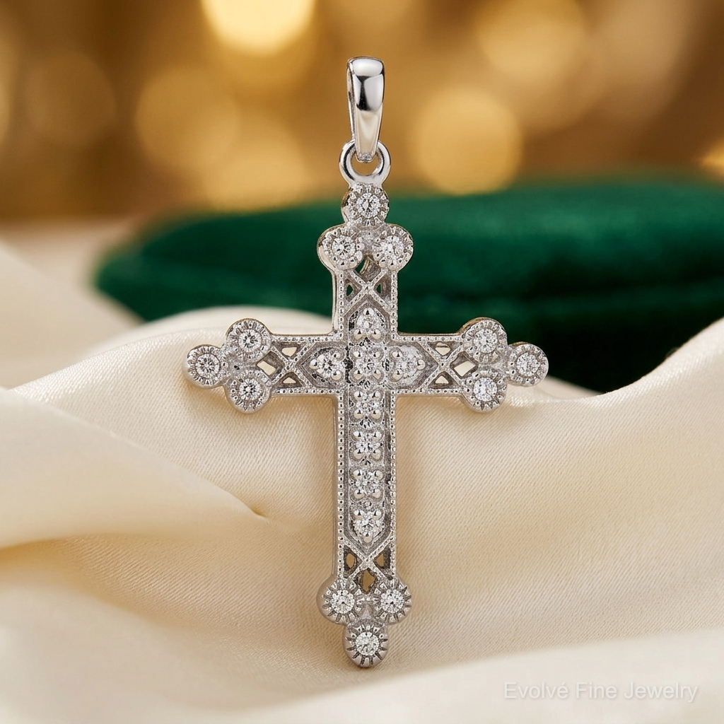 14k White Gold 1/10ct. Diamond Filigree Budded Cross Pendant - Lifestyle View