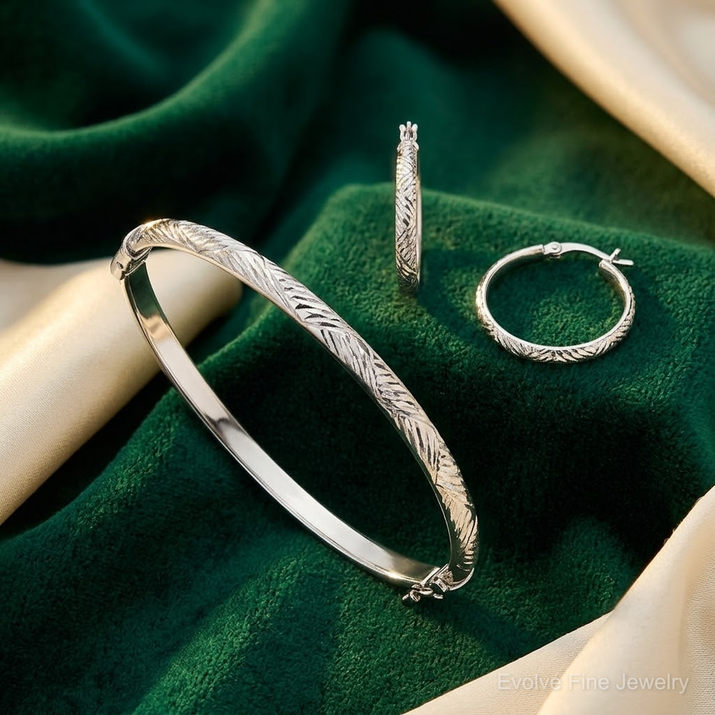 Sterling Silver D/C 4mm Bangle and 3mm Hoop Earring Set - Lifestyle View