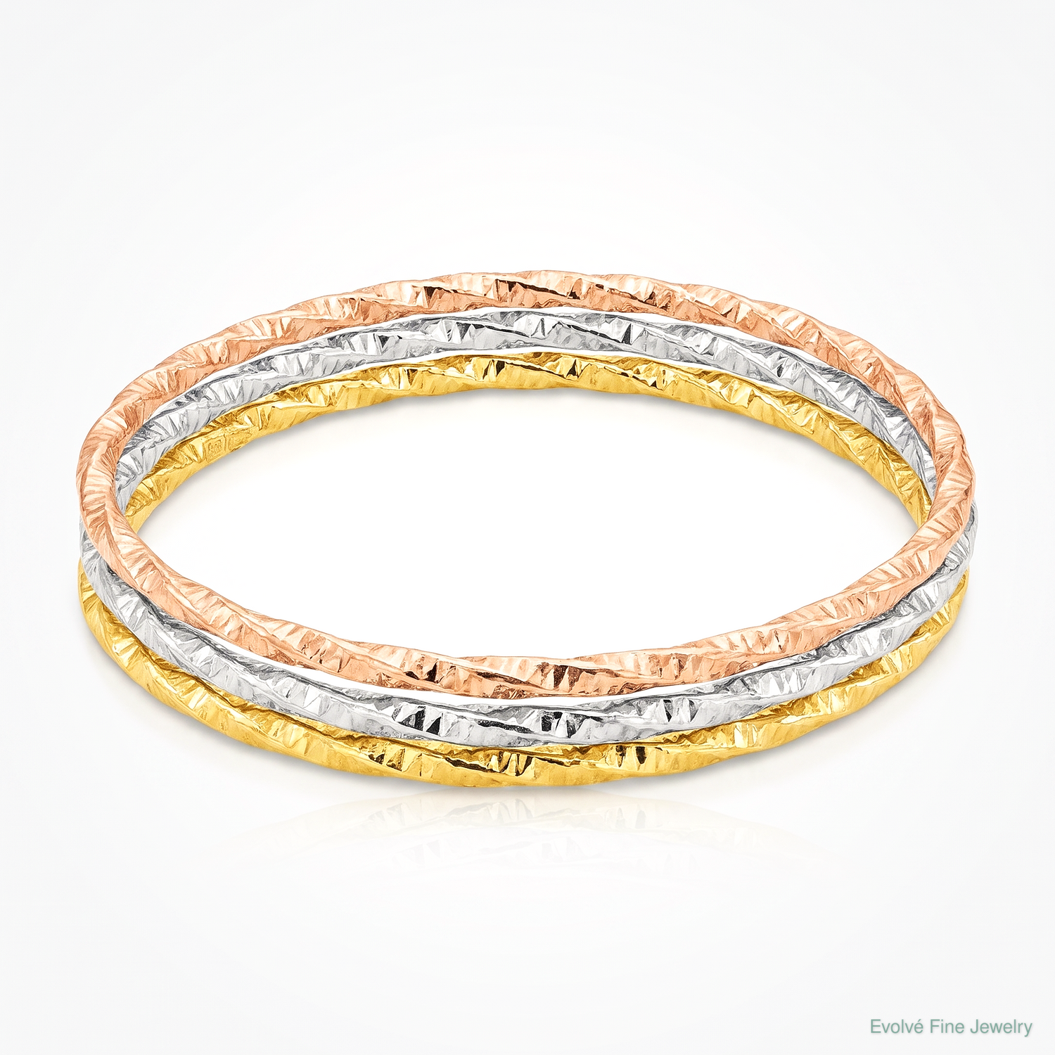 Sterling Silver Rhodium-plated Gold Rose-tone Diamond-cut Set of 3 Bangles - Lifestyle View