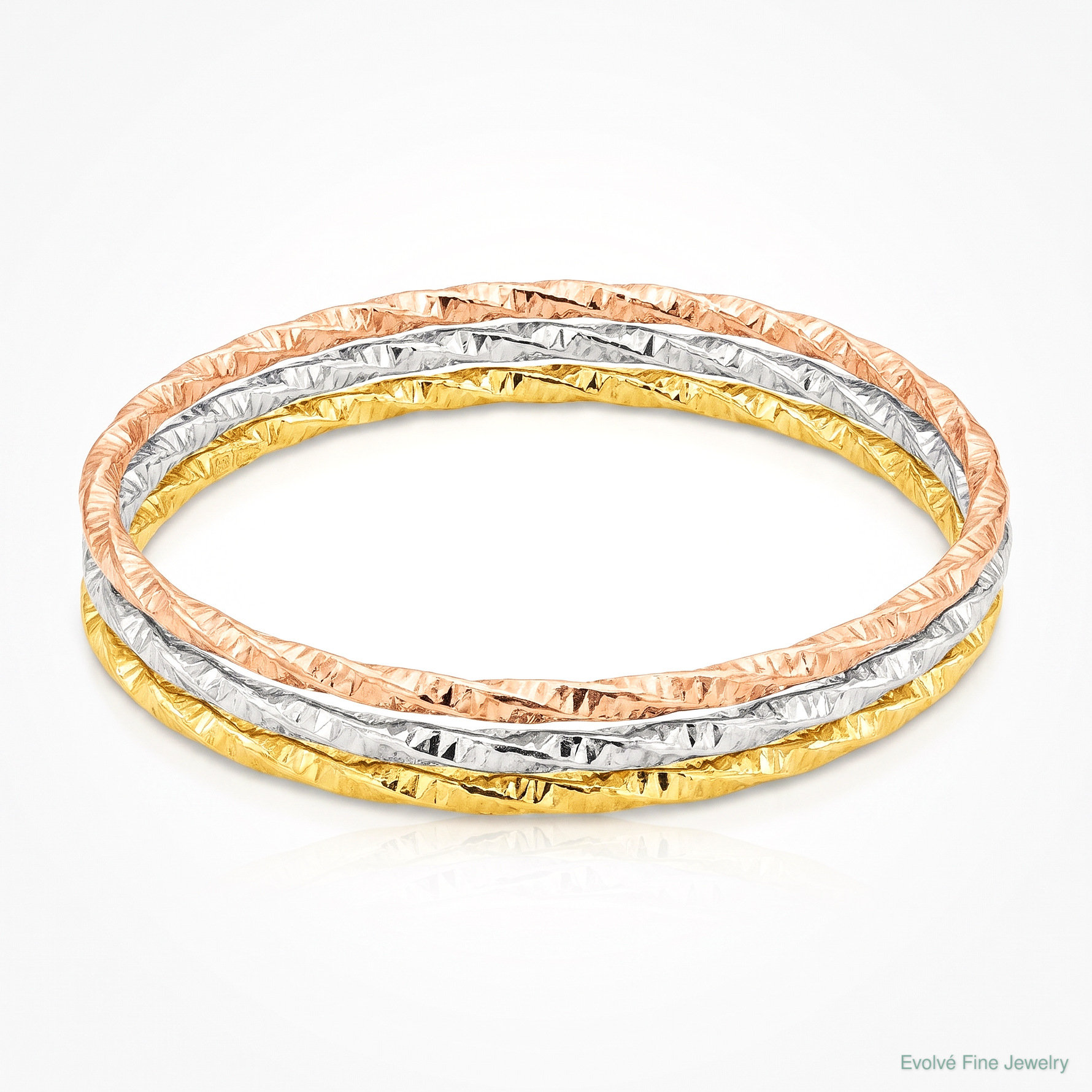 Sterling Silver Rhodium-plated Gold Rose-tone Diamond-cut Set of 3 Bangles - Lifestyle View