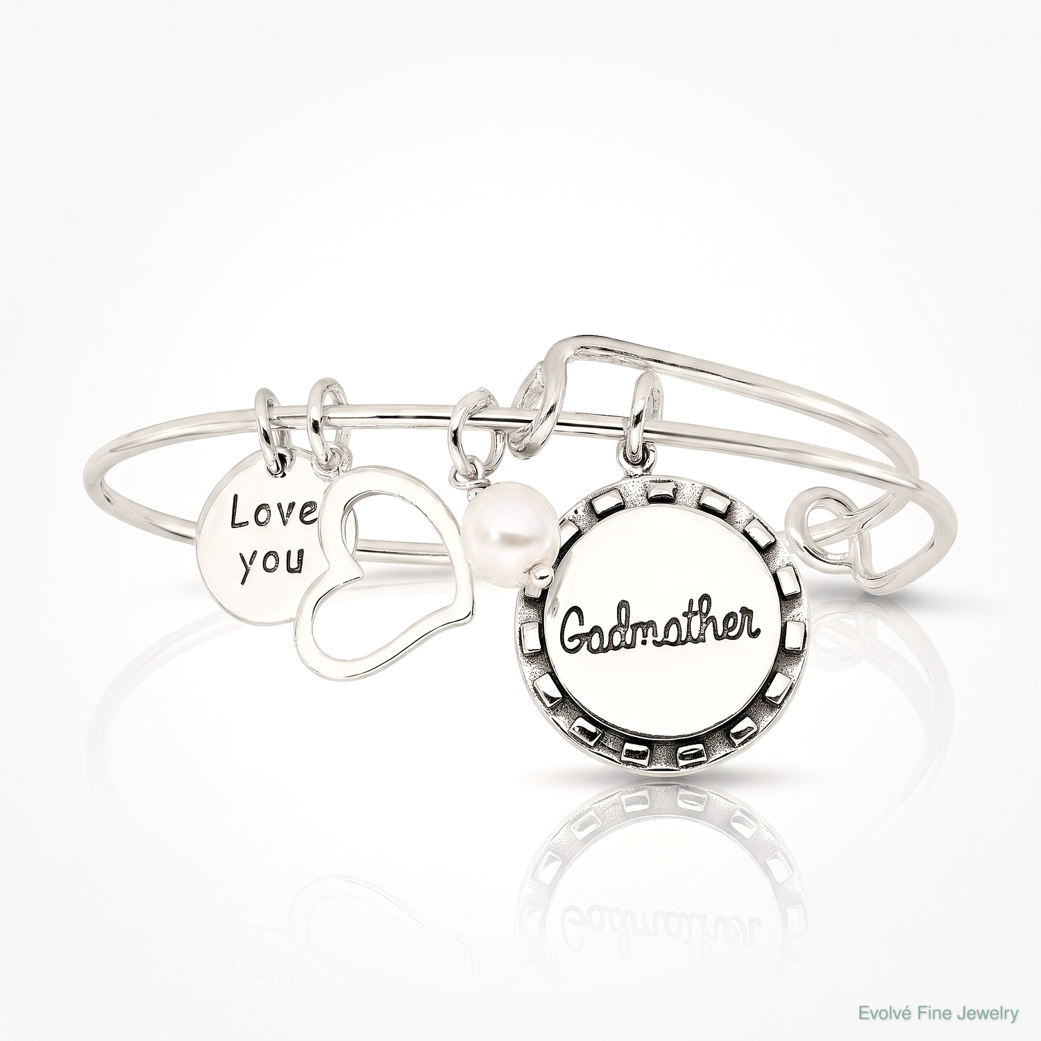 Sterling Silver Antiqued Syn. Pearl Godmother Charm Adjustable Bangle - Lifestyle View
