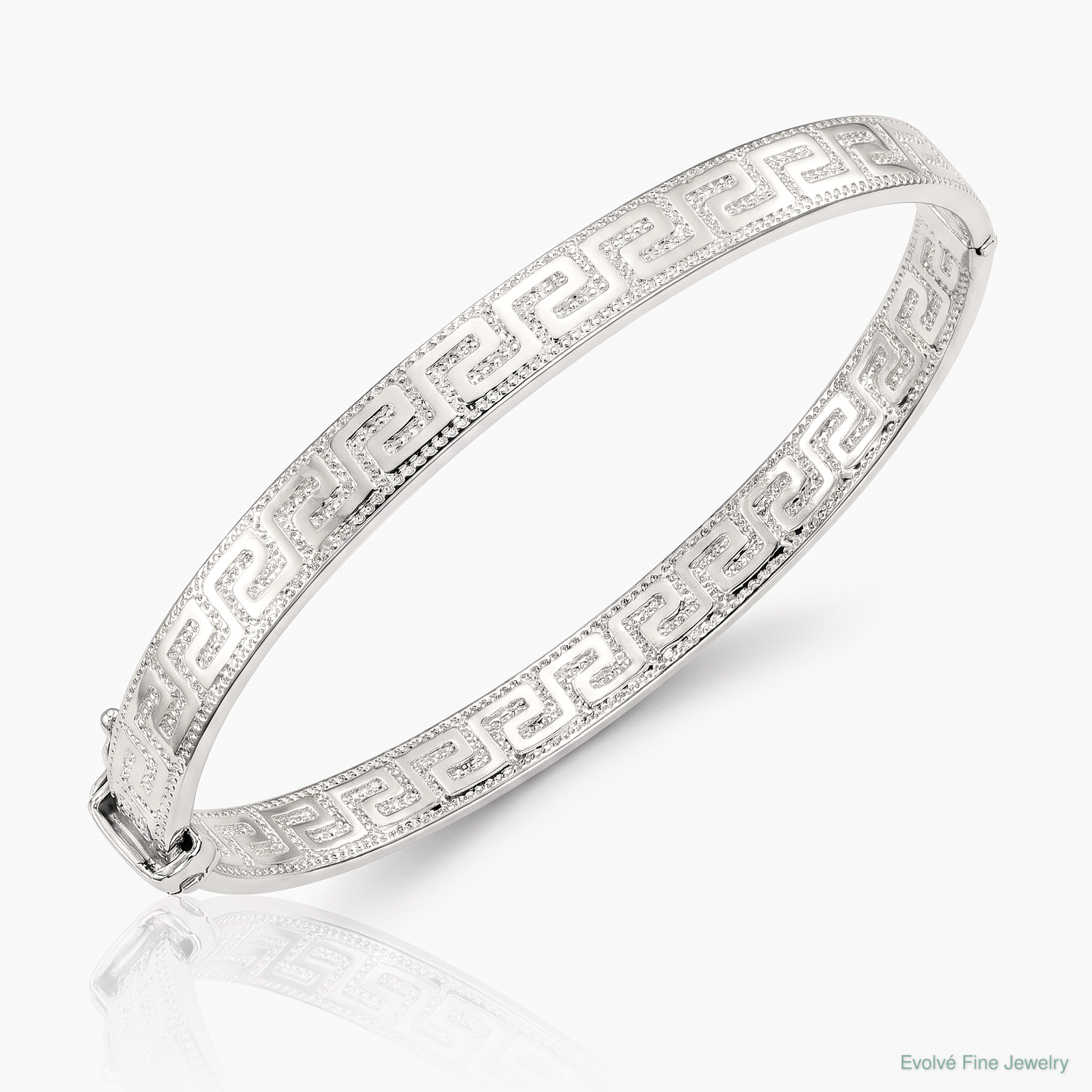 Sterling Silver RH-plated  Polished Textured Greek Key Hinged Bangle - Lifestyle View
