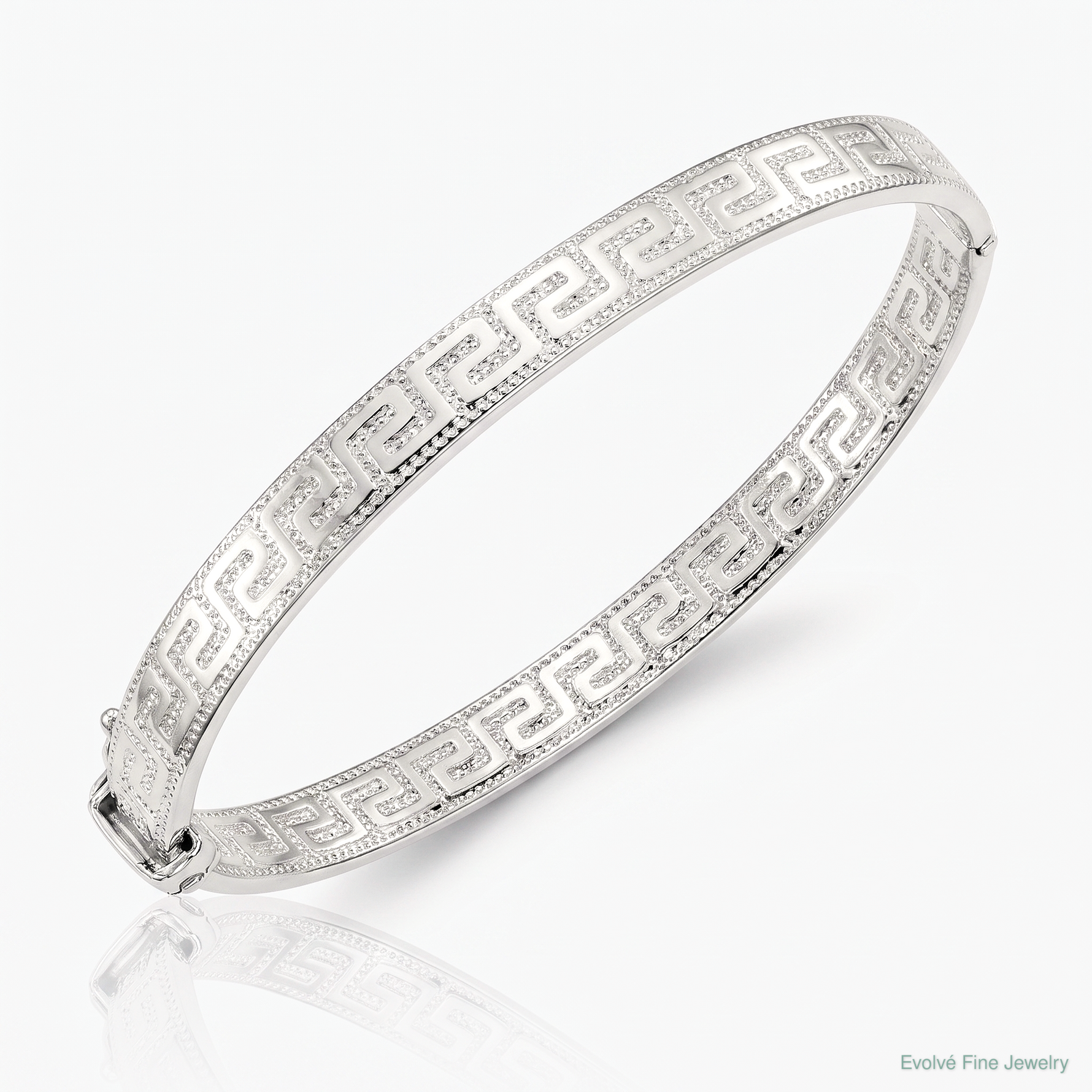 Sterling Silver RH-plated  Polished Textured Greek Key Hinged Bangle - Lifestyle View