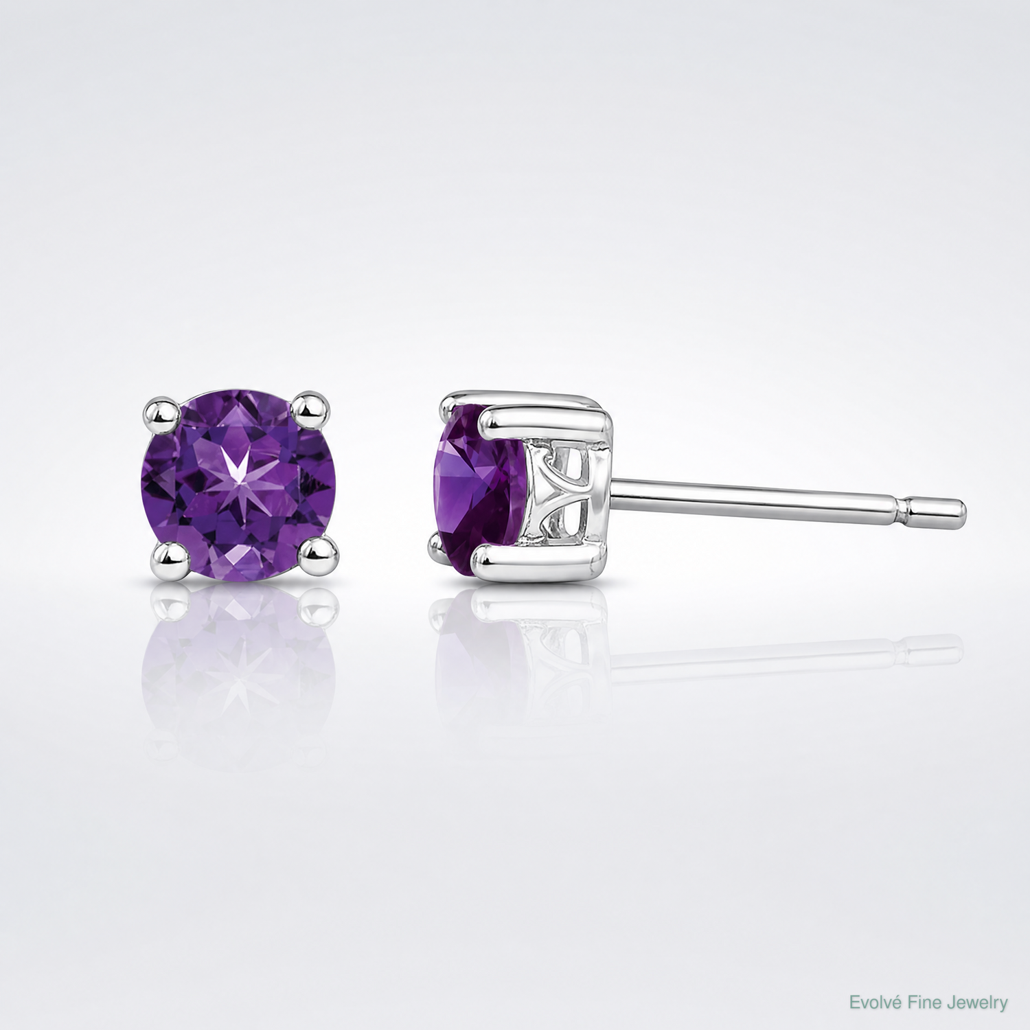 Sterling Silver Rhodium-plated 4mm Round Amethyst Post Earrings - Lifestyle View