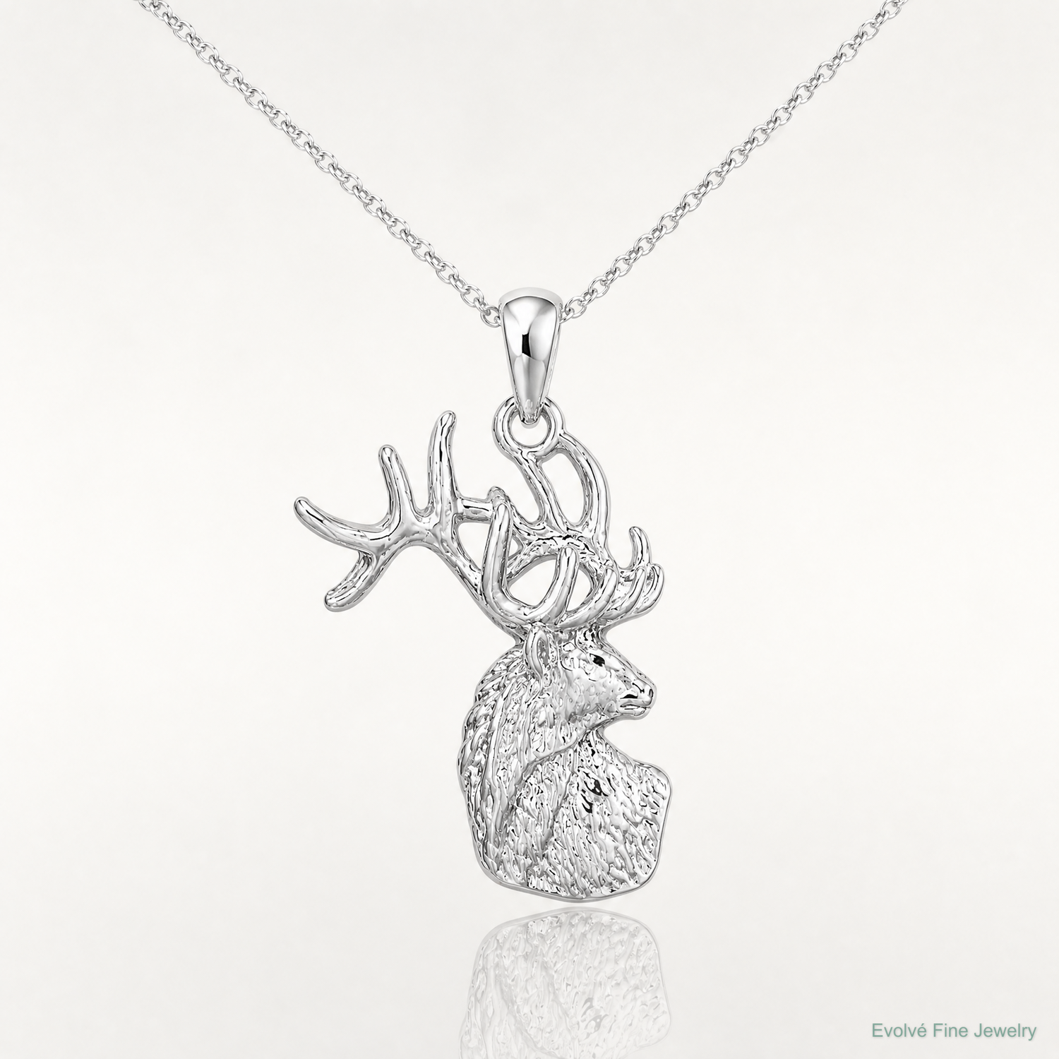 Sterling Silver Rhodium-plated Polished/Textured Deer Head Pendant - Lifestyle View