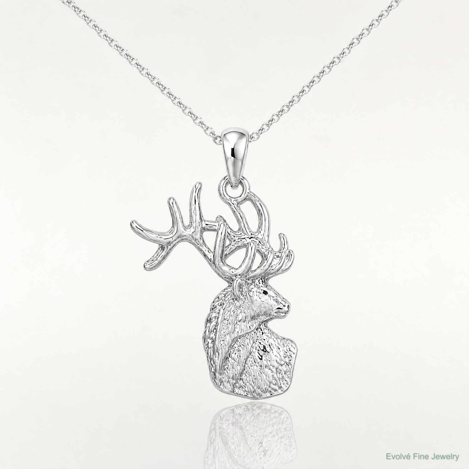 Sterling Silver Rhodium-plated Polished/Textured Deer Head Pendant - Lifestyle View