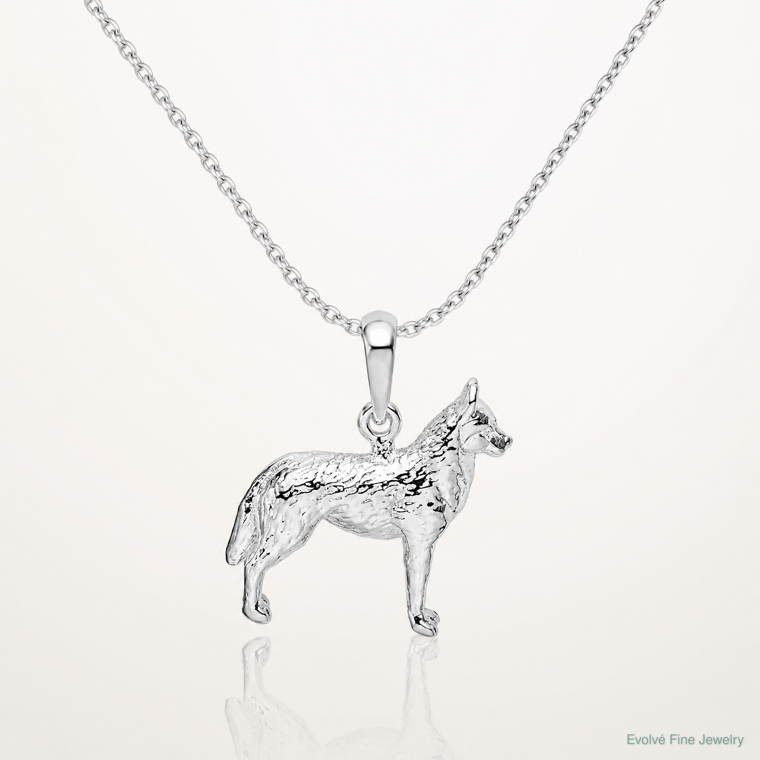 Sterling Silver Rhodium-plated Textured 3D Siberian Husky Pendant - Lifestyle View
