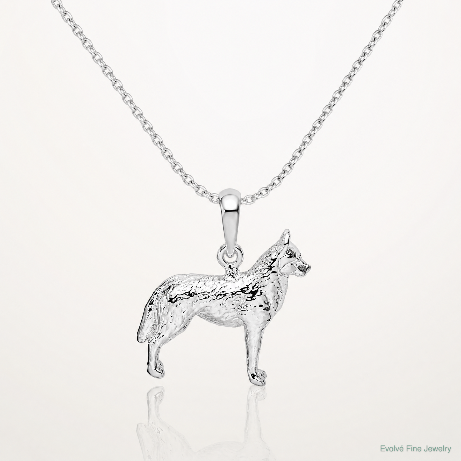Sterling Silver Rhodium-plated Textured 3D Siberian Husky Pendant - Lifestyle View