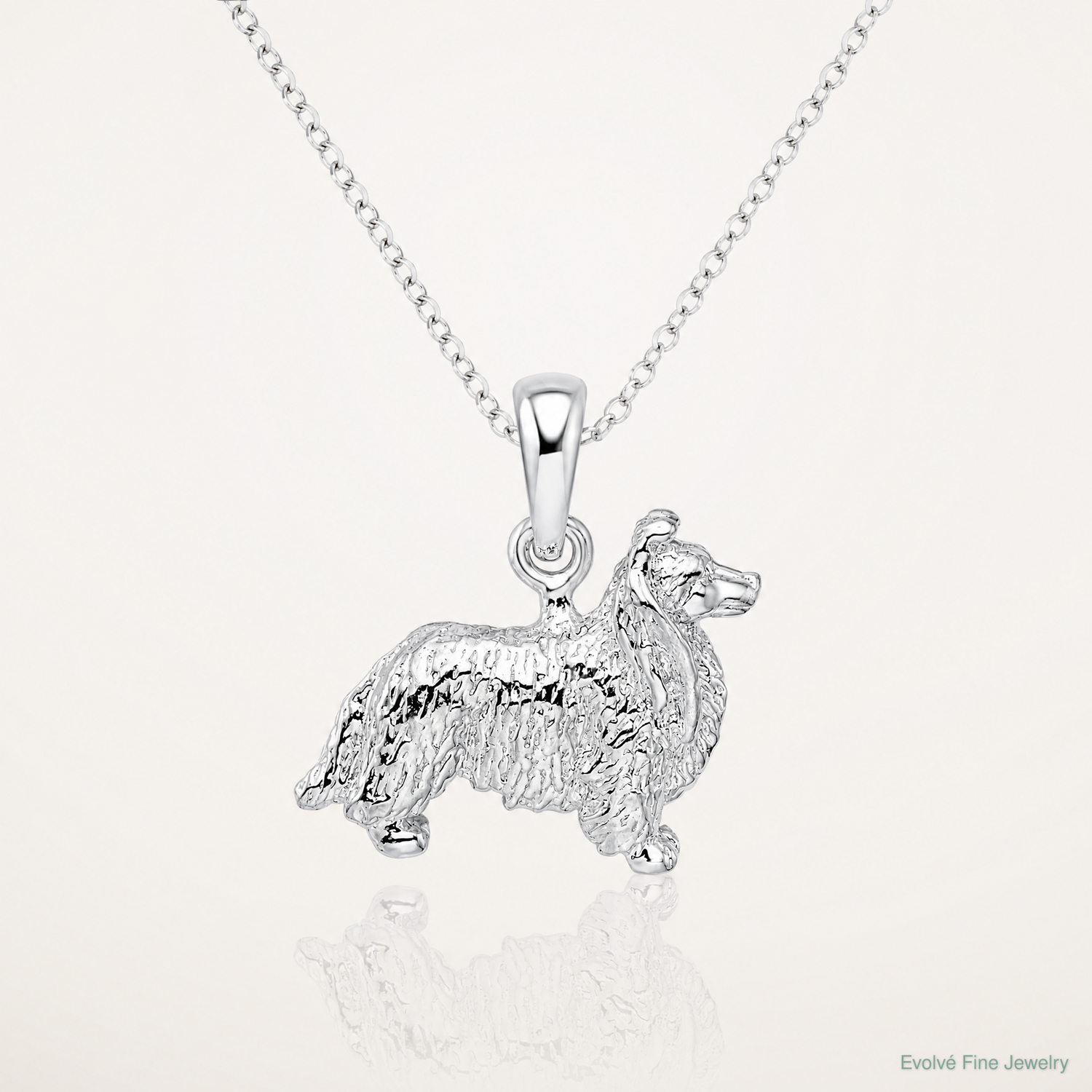 Sterling Silver Rhodium-plated Textured 3D Shetland Sheepdog Pendant - Lifestyle View
