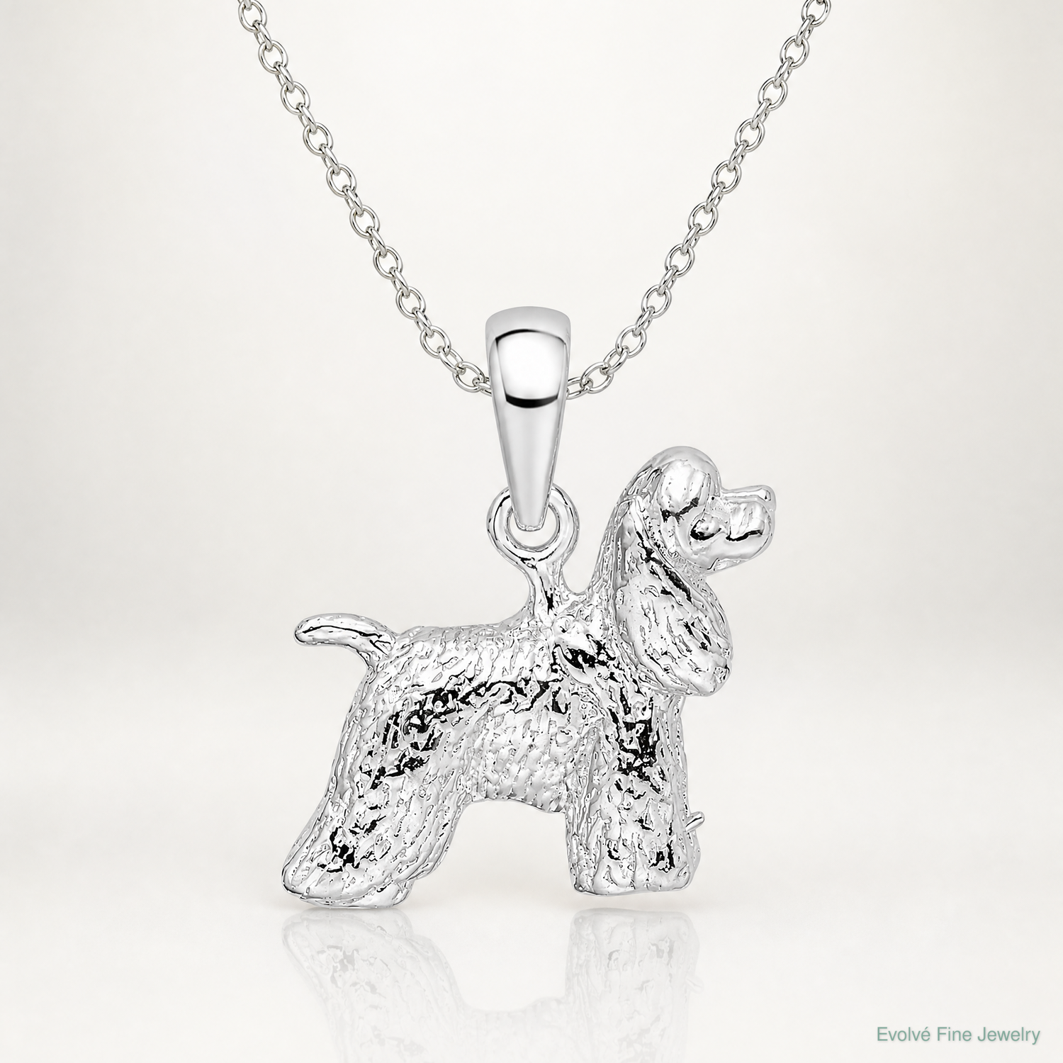 Sterling Silver Rhodium-plated Textured 3D Cocker Spaniel Pendant - Lifestyle View