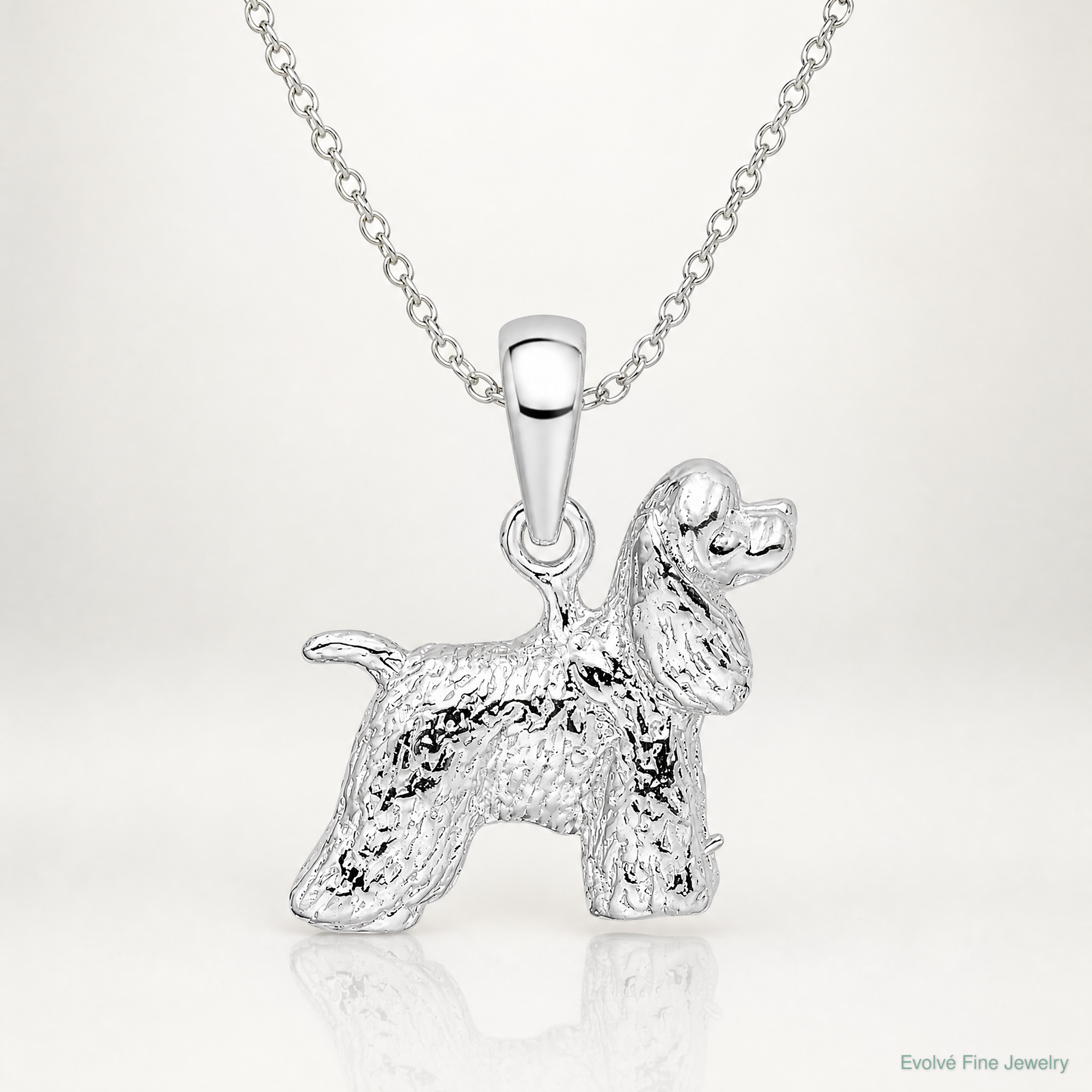 Sterling Silver Rhodium-plated Textured 3D Cocker Spaniel Pendant - Lifestyle View