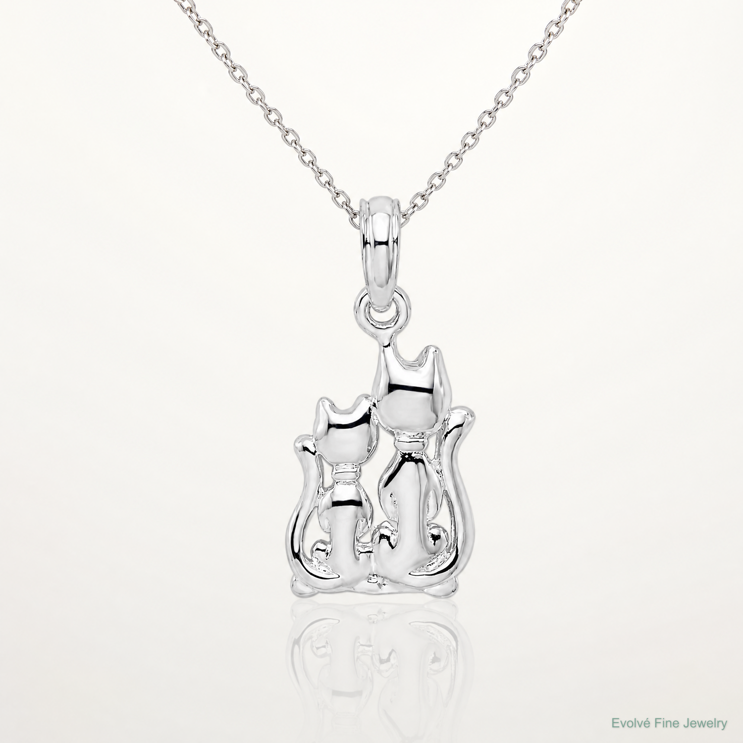 Sterling Silver Rhodium-plated Polished Big and Little Cats Pendant - Lifestyle View
