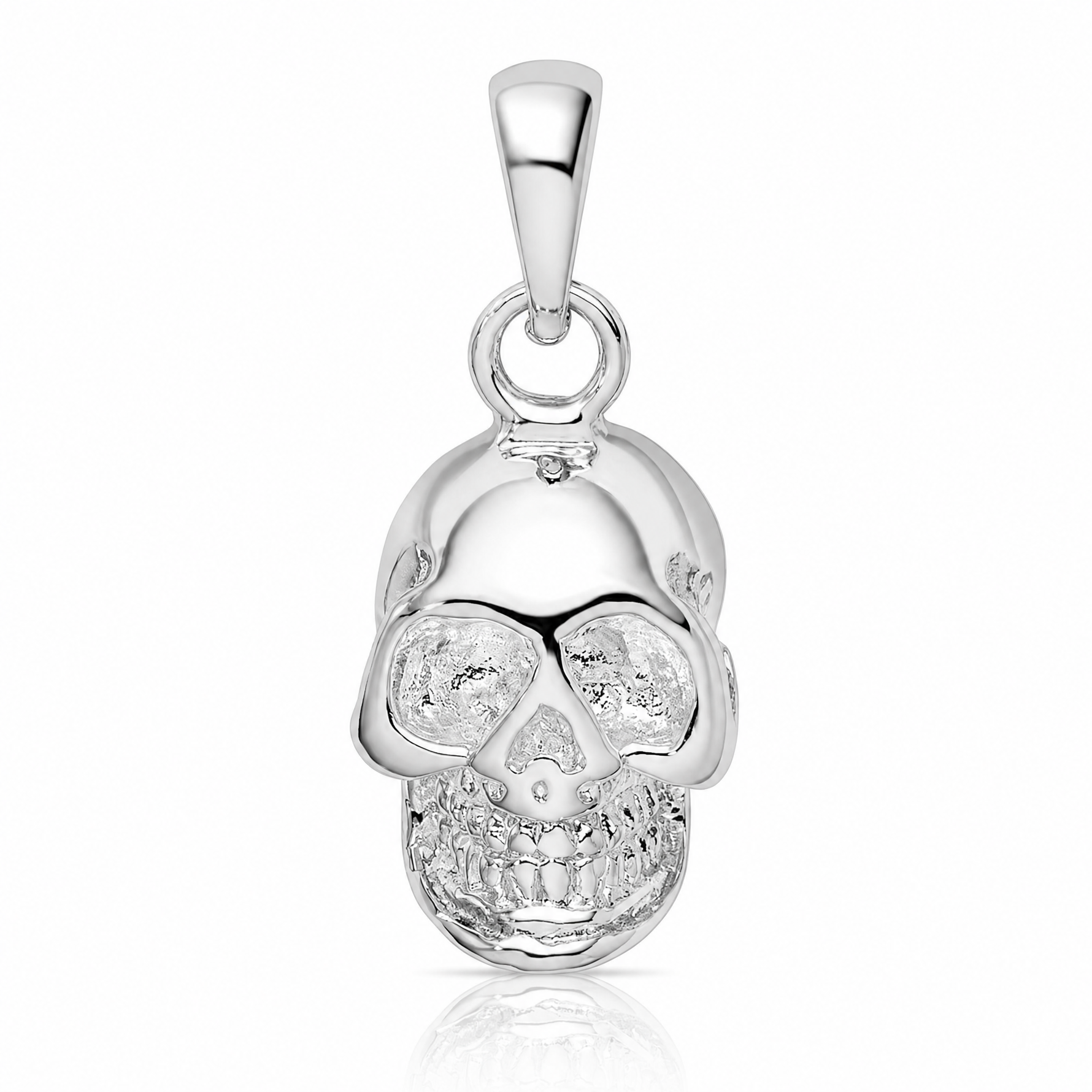 Sterling Silver Rhodium-plated Polished 3D Skull Pendant - Lifestyle View