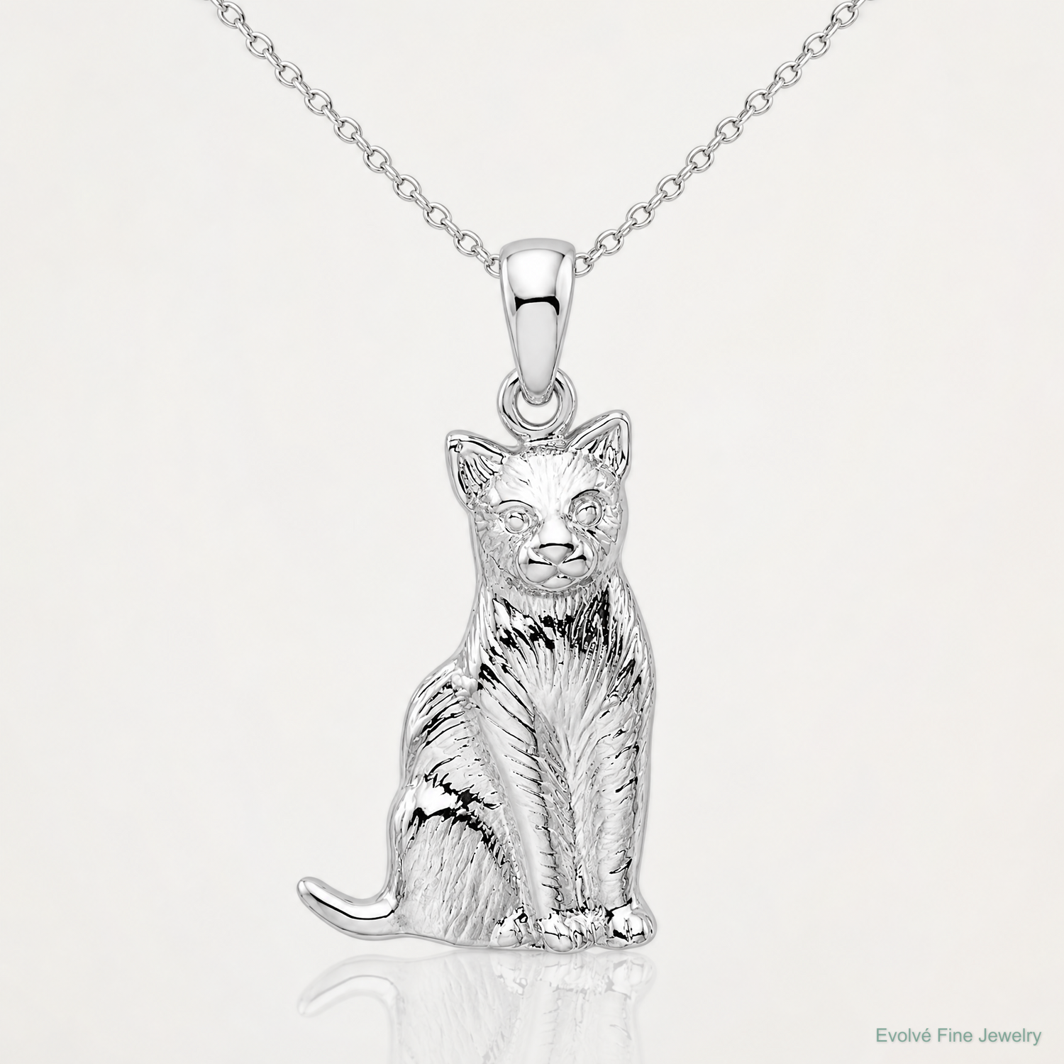 Sterling Silver Rhodium-plated Textured Sitting Cat Pendant - Lifestyle View