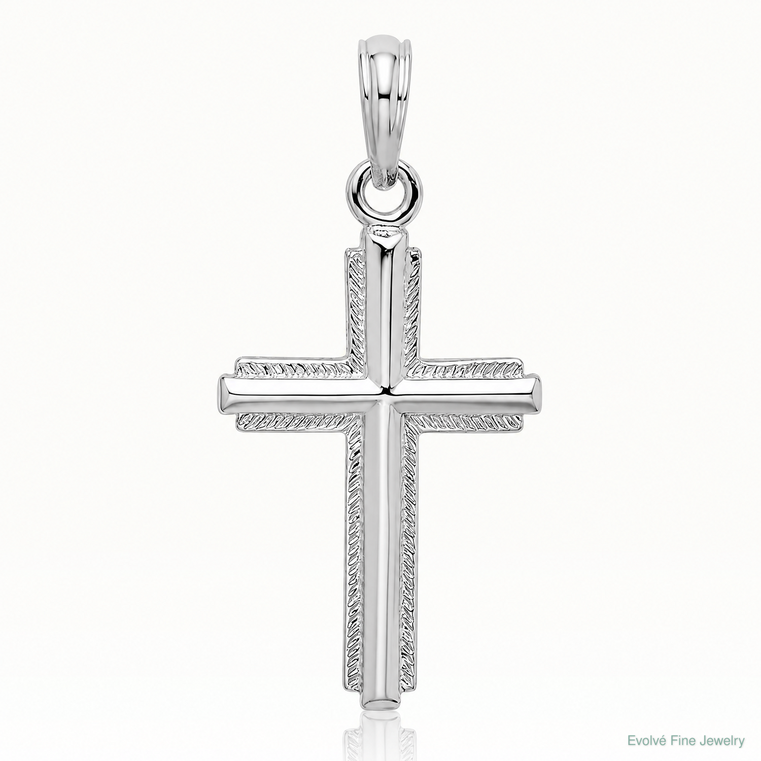 Sterling Silver Rhod-plated Polished Striped Border Latin Cross Pendant - Lifestyle View