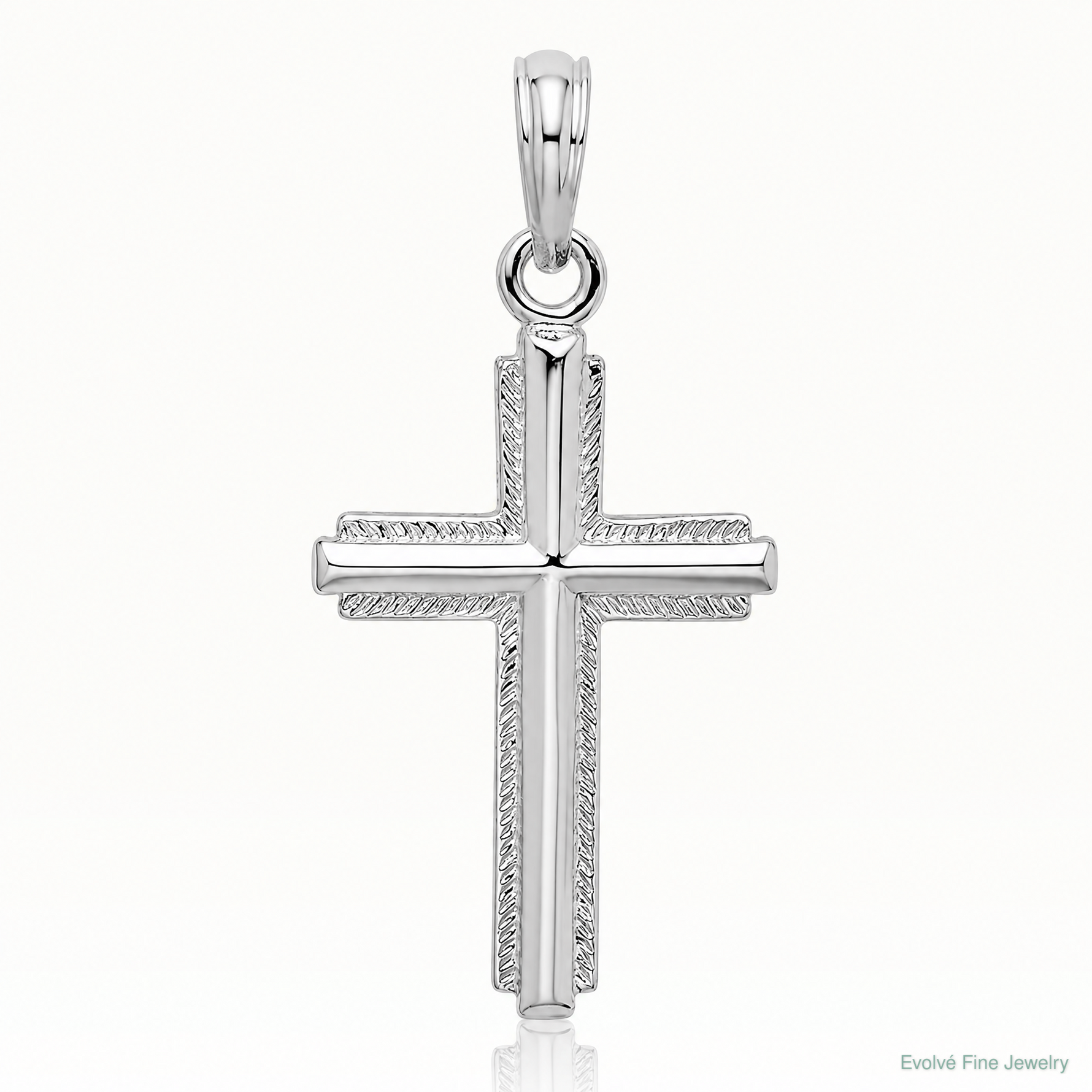 Sterling Silver Rhod-plated Polished Striped Border Latin Cross Pendant - Lifestyle View