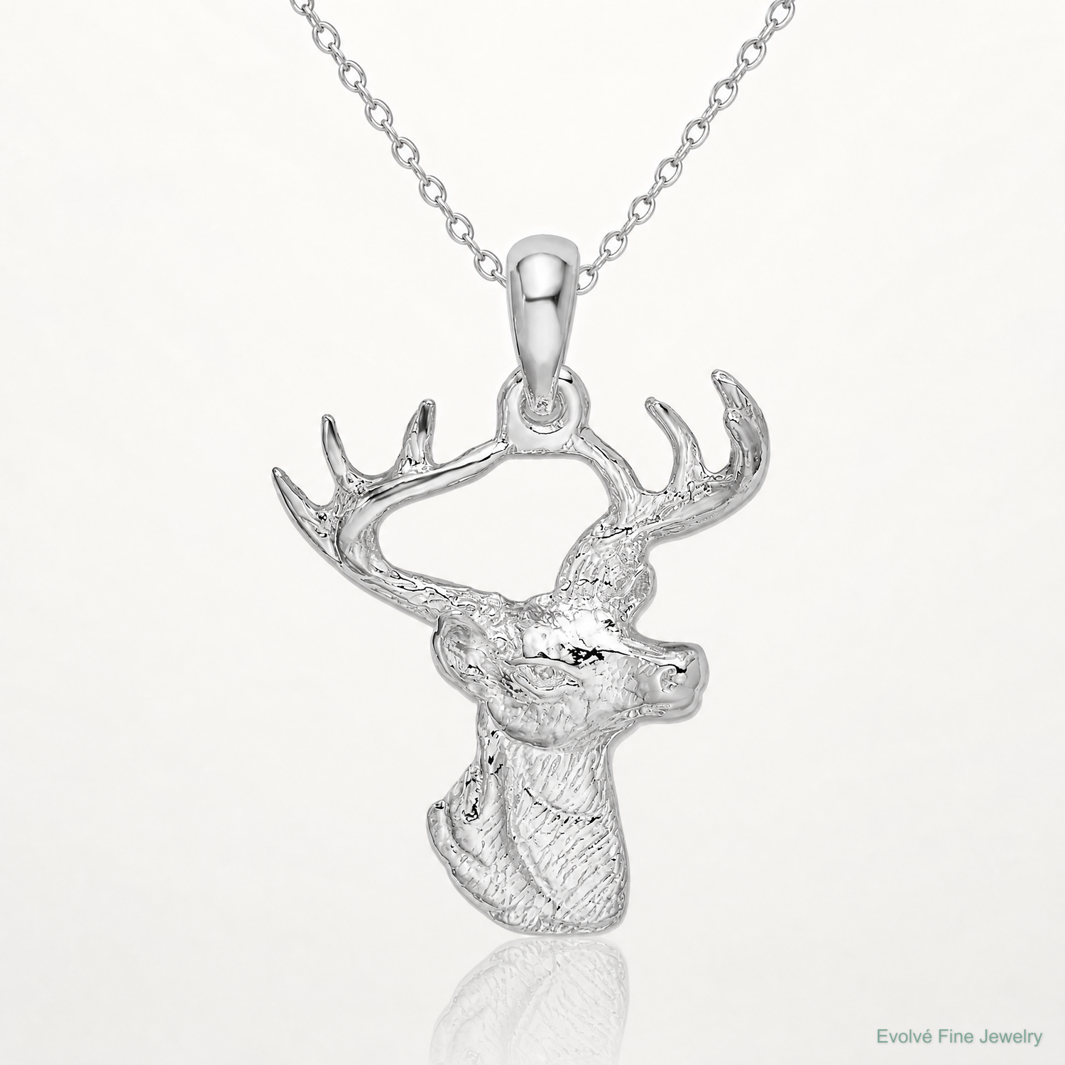Sterling Silver Rhodium-plated 6-point Buck Deer Head Profile Pendant - Lifestyle View