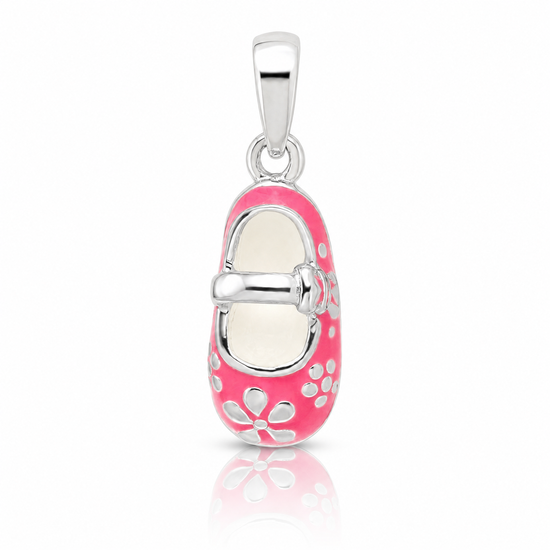 Sterling Silver Rhodium-plated 3D Pink Enameled Baby Shoe Pendant - Lifestyle View