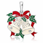 Sterling Silver Rhodium-plated Polished Enameled Bells/Holly Pendant - Lifestyle View
