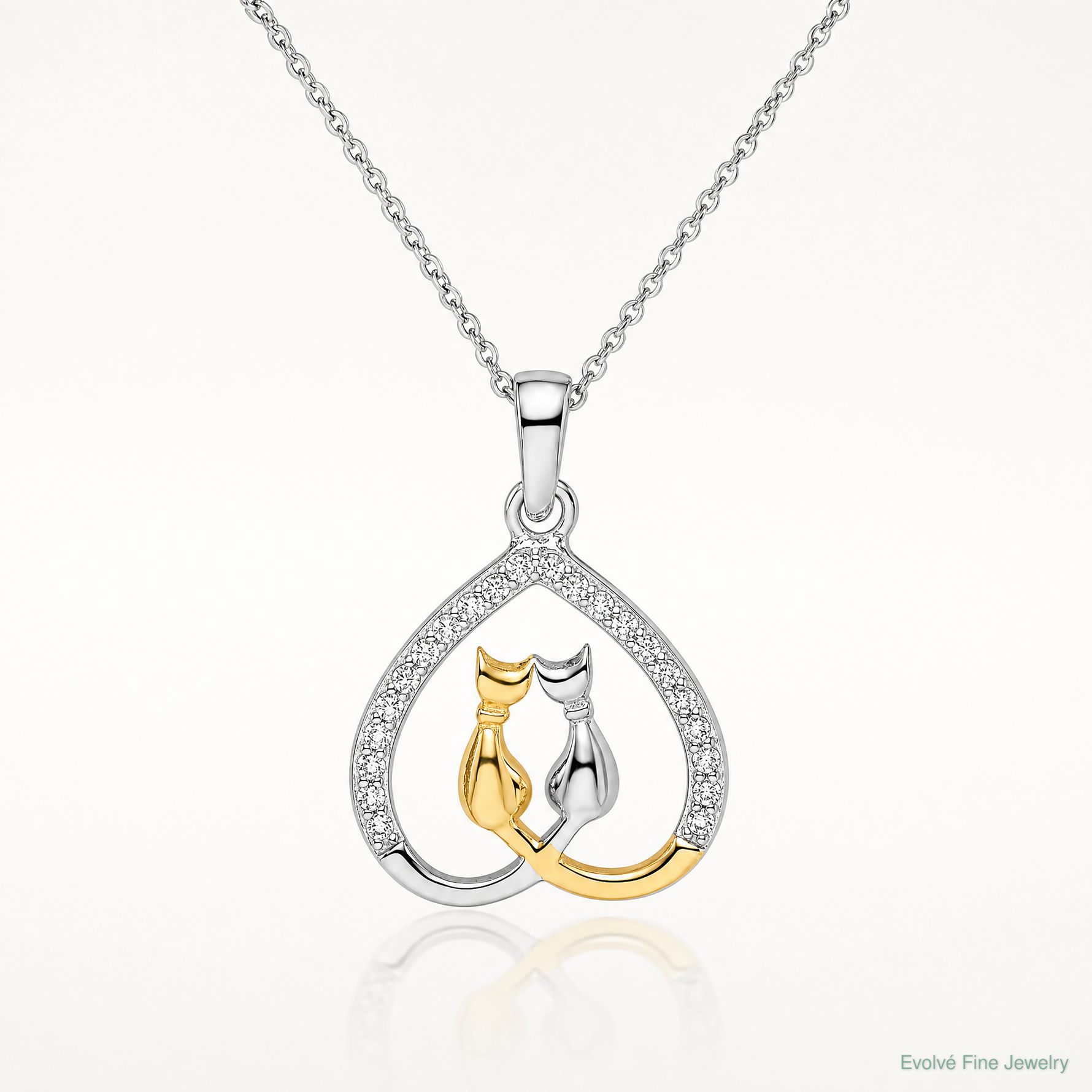 Sterling Silver RH-plated & Gold-plated CZ Heart w/Two Cats Pendant - Lifestyle View