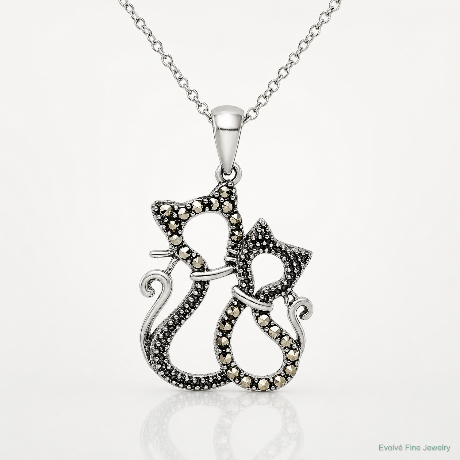 Sterling Silver Antiqued Polished Marcasite Cats Pendant - Lifestyle View