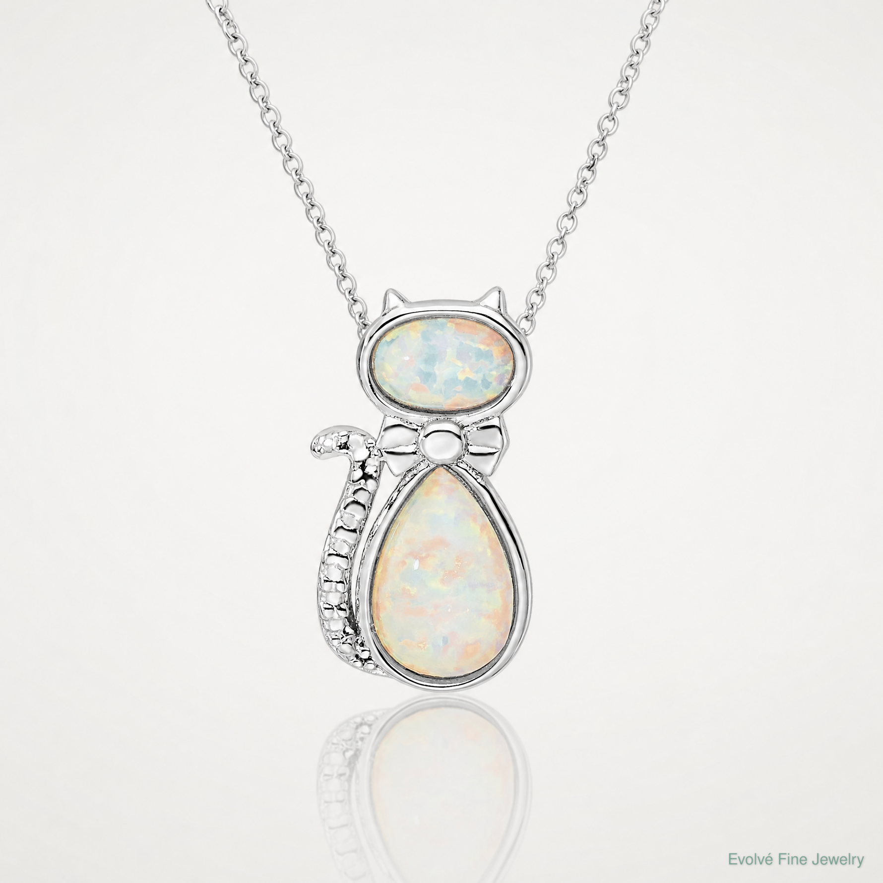 Sterling Silver Rhodium-plated White Created Opal Cat Chain Slide - Lifestyle View