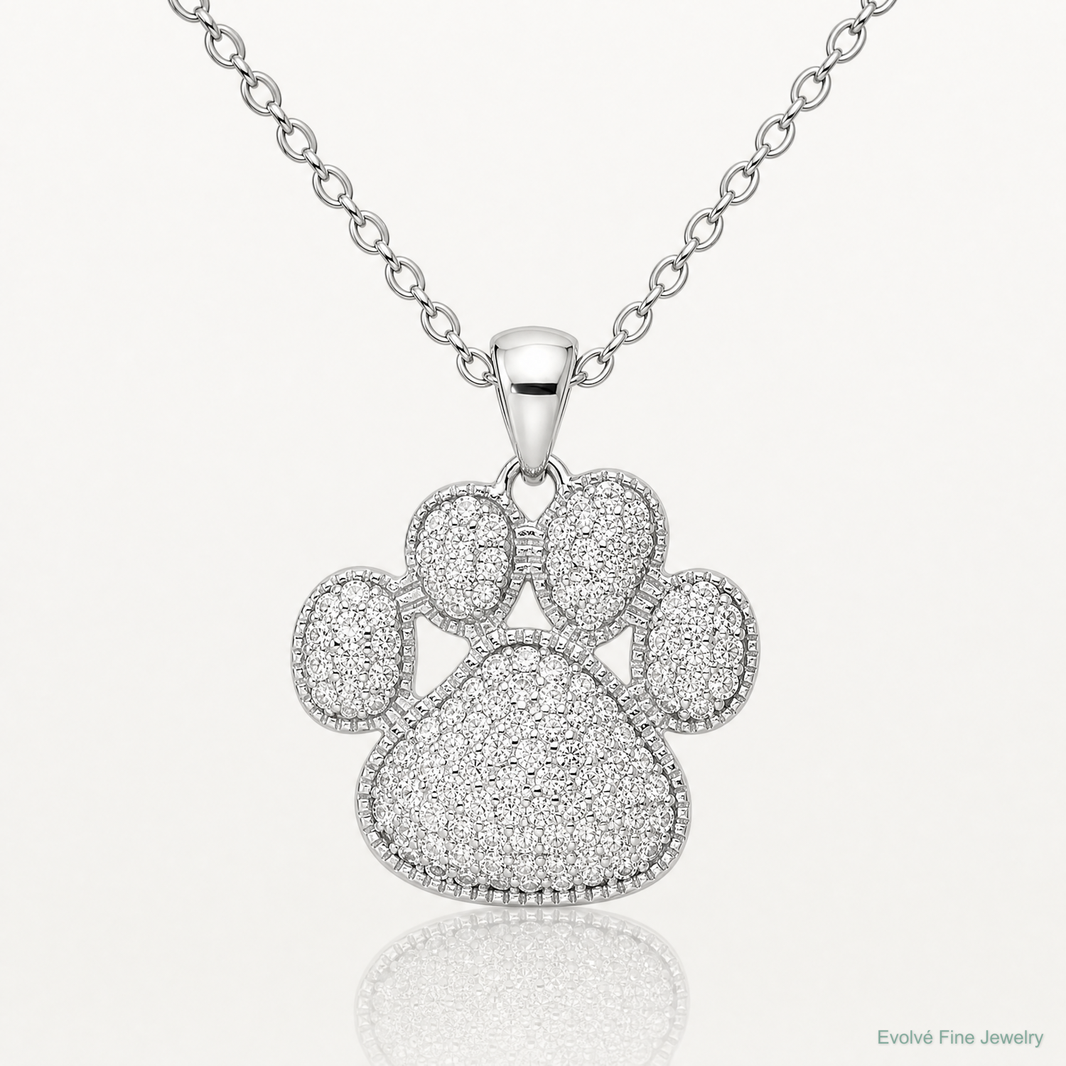 Sterling Silver Rhodium-plated Polished CZ Paw Print Pendant - Lifestyle View