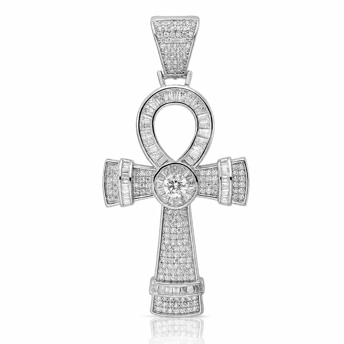 Sterling Silver Rhodium-plated Polished CZ Ankh Cross Pendant - Lifestyle View