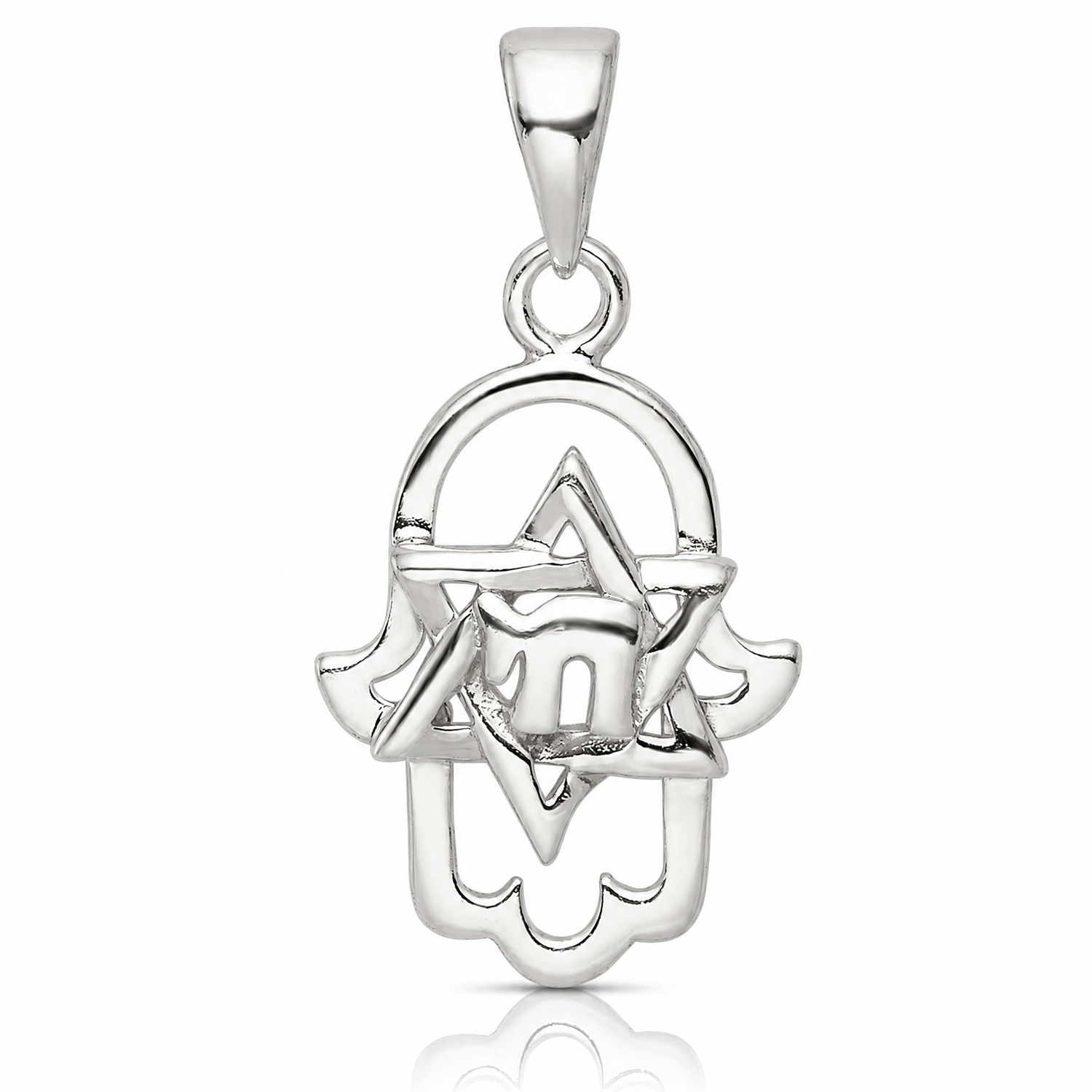 Sterling Silver Polished Chai in Star of David Hamsa Pendant - Lifestyle View