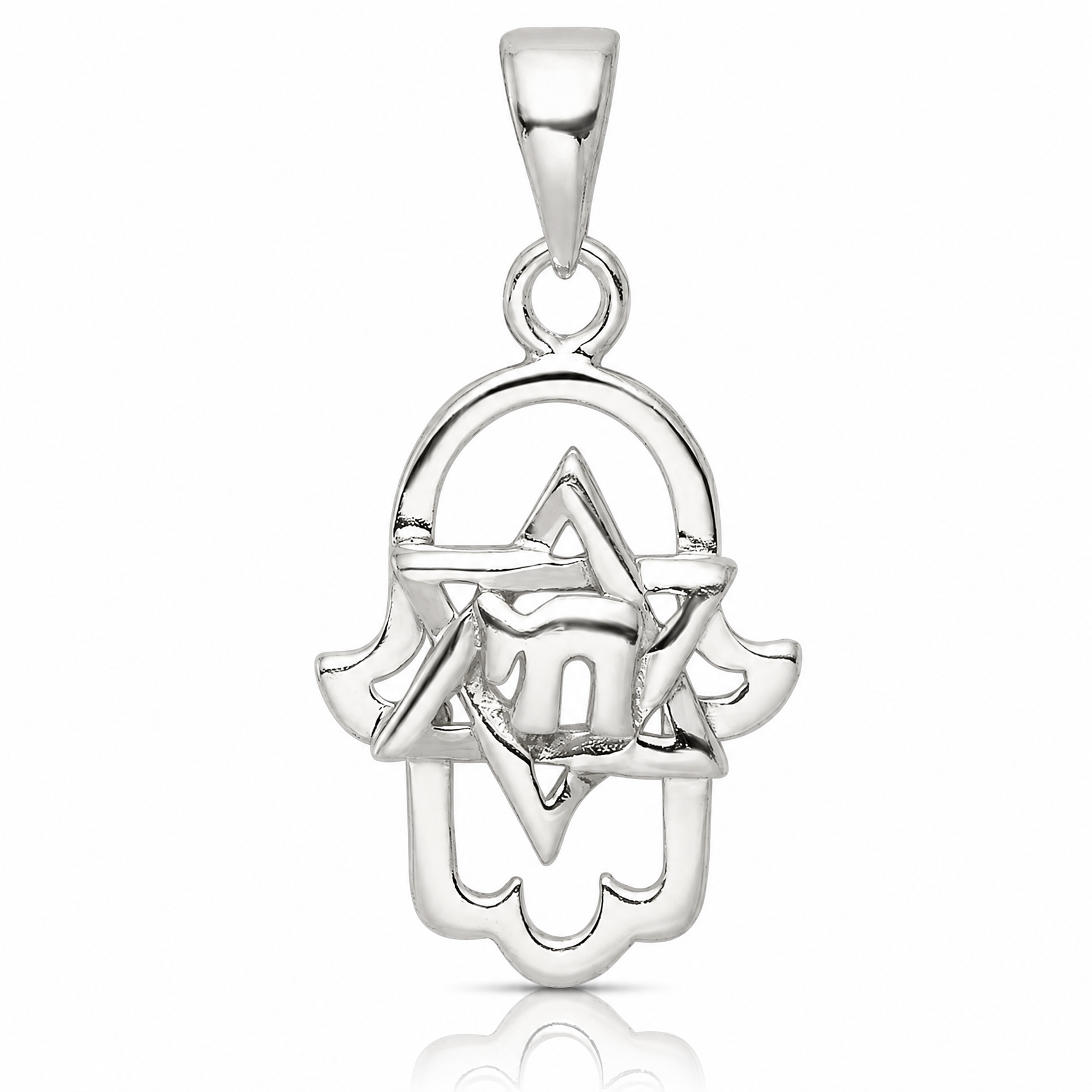 Sterling Silver Polished Chai in Star of David Hamsa Pendant - Lifestyle View