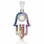 Sterling Silver Rhodium-plated Multicolor CZ & Synthetic Opal Hamsa Pendant - Lifestyle View