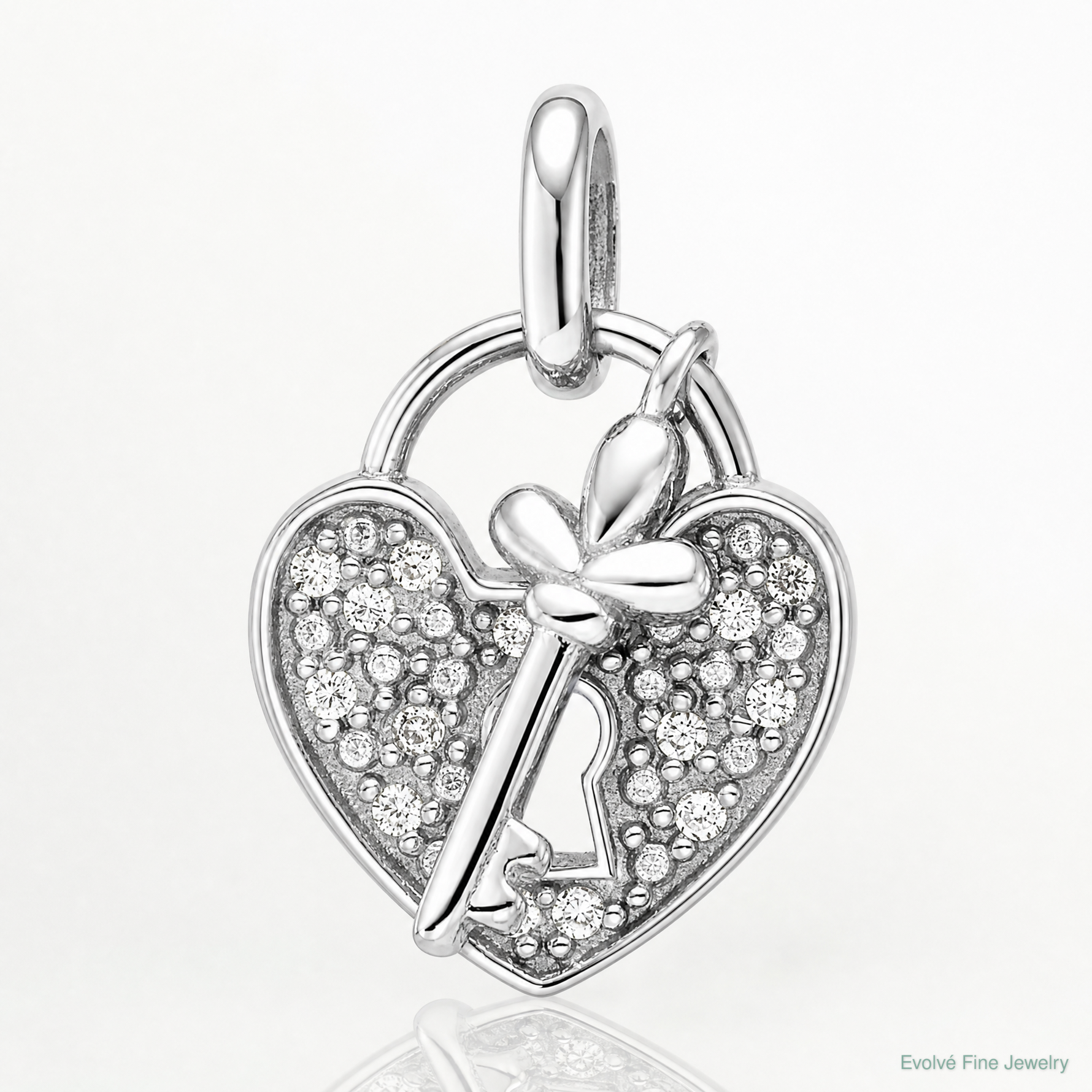 Sterling Silver Rhodium-plated CZ Key and Heart Pendant - Lifestyle View